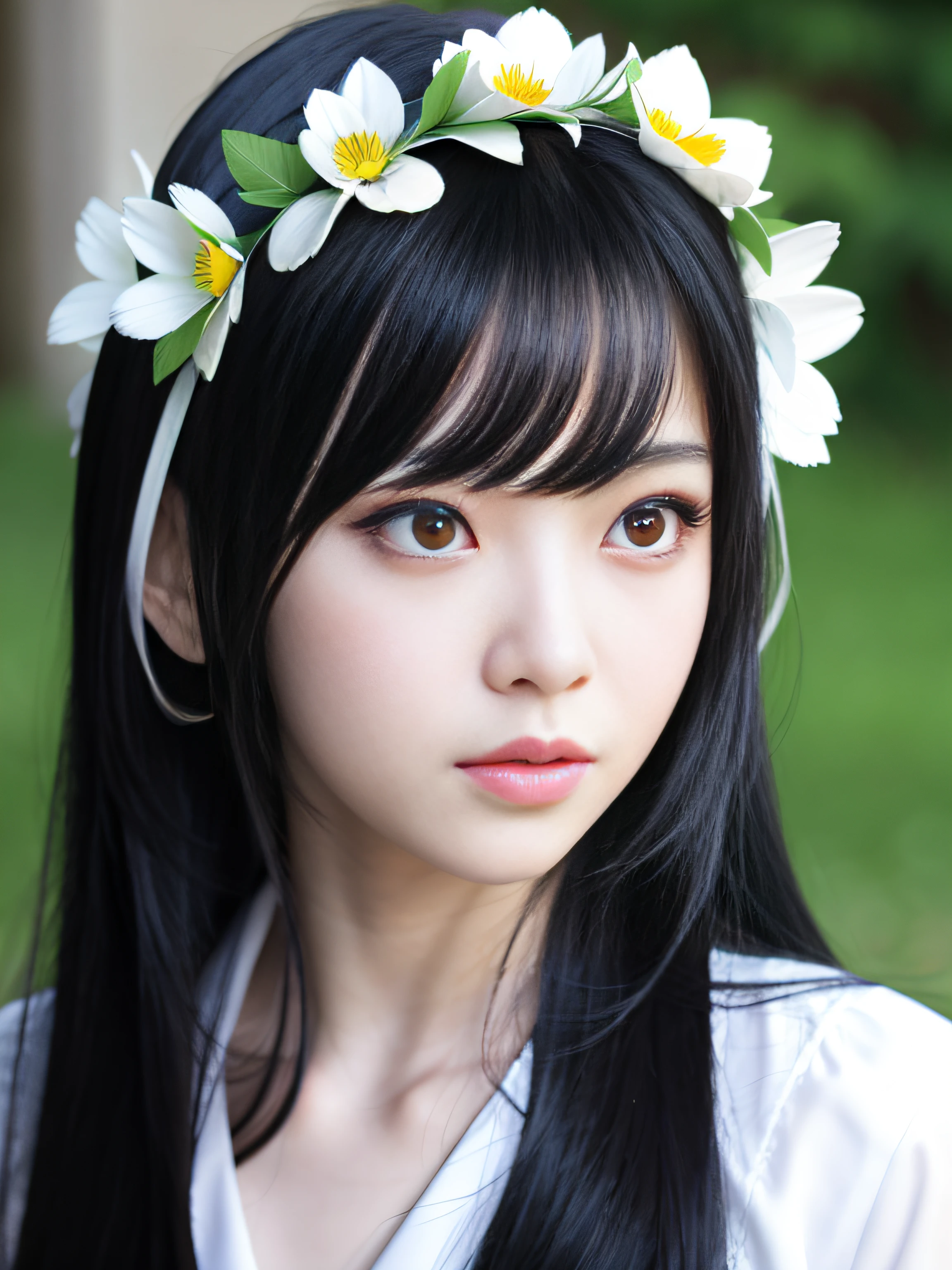 Anime girl with long black hair in white shirt and flower crown, Beautiful Anime Portrait, Stunning anime face portrait, Beautiful anime girl, kawaii realistic portrait, detailed portrait of an anime girl, Portrait Anime Girl, realistic anime 3 d style, realistic young anime girl, realistic anime art style, young anime girl, Anime Realism Style, Realistic anime art style