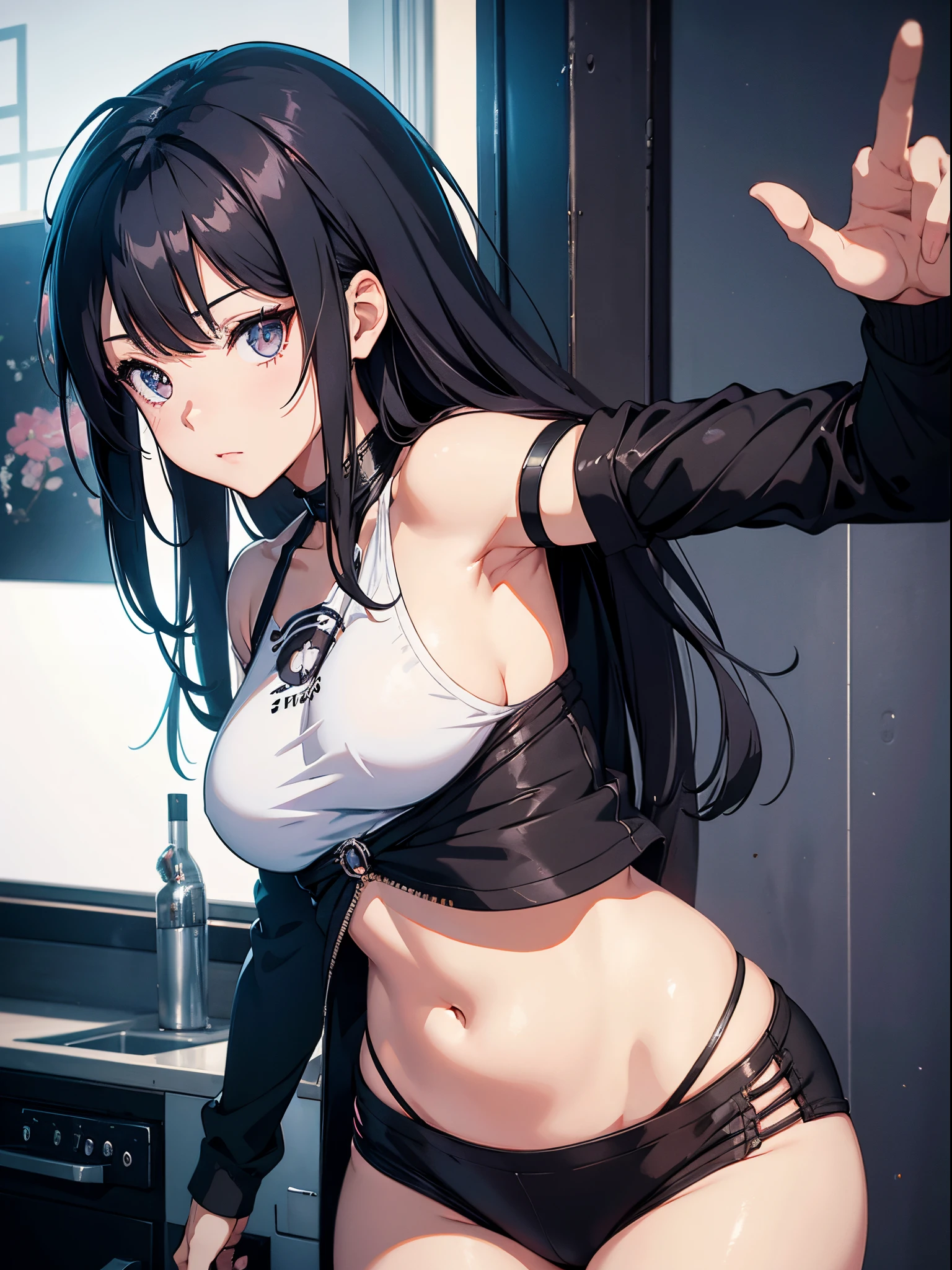 A woman who is，[Wear black leggings]!!!，Posing for photos leaning against the door, The head is not exposed，[Wear white short-sleeved upper body with belly button exposed]!!!，[Bust photo]!!!an anime drawing by Shitao, Hot topics on pixiv, scribbles, realistic anime 3D style, seductive anime girls, attractive anime girls, Guweiz style artwork, beautiful alluring anime , Casual pose, anime girl in real life, realistic young anime girl, ecchi style
