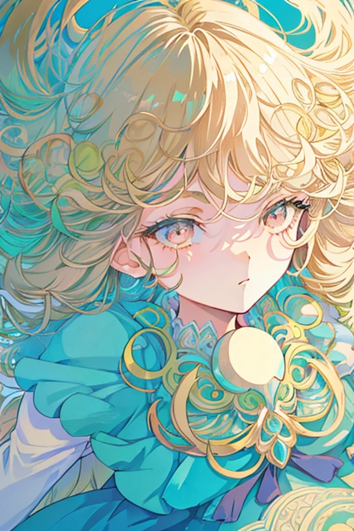 girl in eco-friendly couture clothes in vintage anime style beautiful symmetrical face pale skin blonde long hair fluffy hair almond eyes detailed line art fine details exquisitely eco-friendly atmosphere of gentle pastel free pose