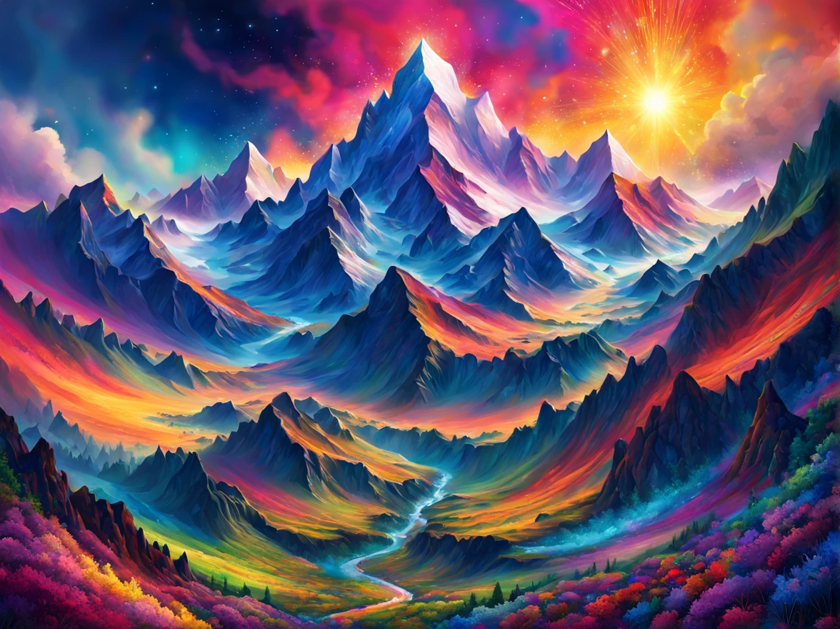 mountains, art by (Akrokan), mesmerizing digital painting, vivid colors, elaborate, breathtaking, chromatic nanotechnology, magnificent, iridescent particles, mesmerizing pattern of kaleidoscopic colors, nanotechnological display, vibrant hues, (detailed:1.4), best quality, particles, digital painting, H!D