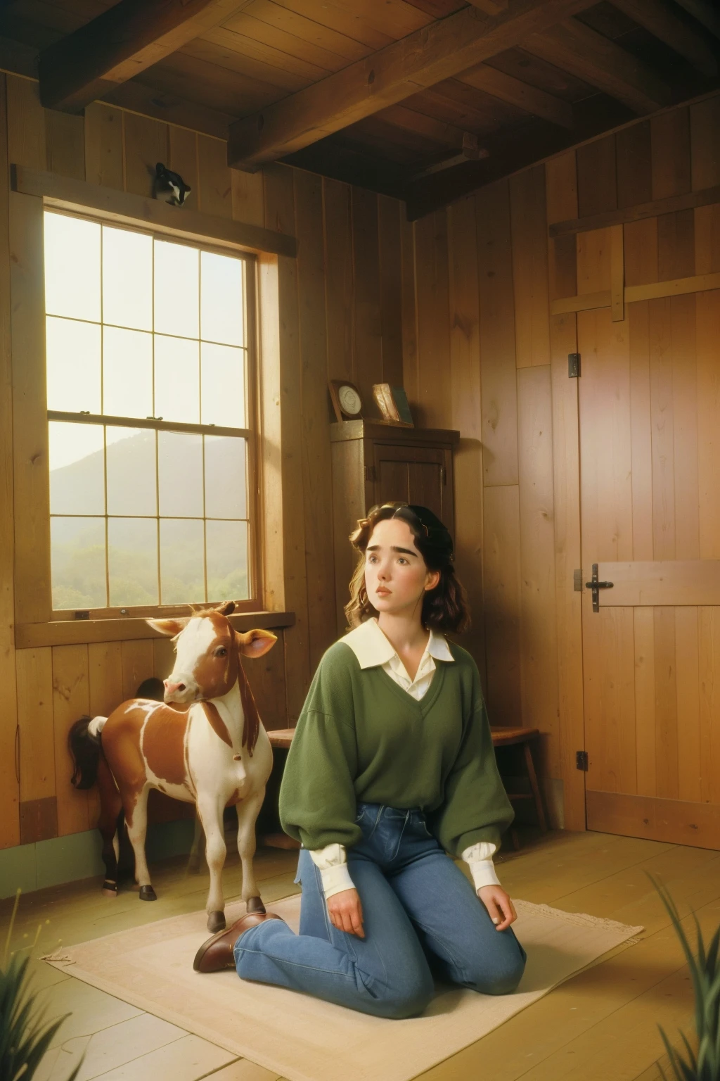 1998, Berkshire County, Massachusetts. Pre-raphaelite ((((46-year-old)) Jennifer Connelly)), inside a barn, kneeling down next to a young calf, ((((casual Clothing from the 1990s)))), ((short Hairstyle of the 1990s)), ((Wes Anderson cinematic style)), colorful