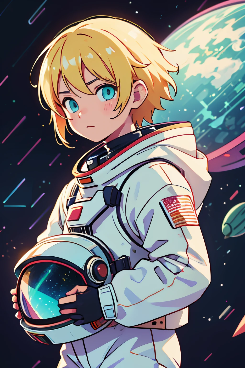 anime boy, blonde hair, space suit, floating in space