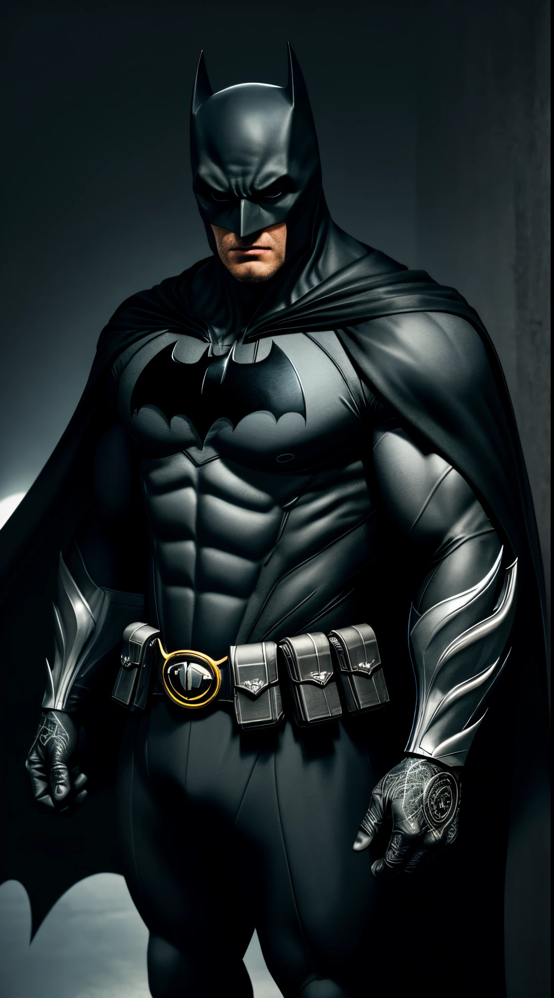 Batman,macho, tall, hunk, muscular, black suit, intricate details on the suit, best quality, masterpiece, long black cape, short ears on the helmet, white eyes, no pupils, serious face, ultra detailed suit, detailed face, powerful pose, best quality, high resolution:1.2, ultility belt, night, dark atmosphere, flowing cape, award winning, shadow, volumetric lighting