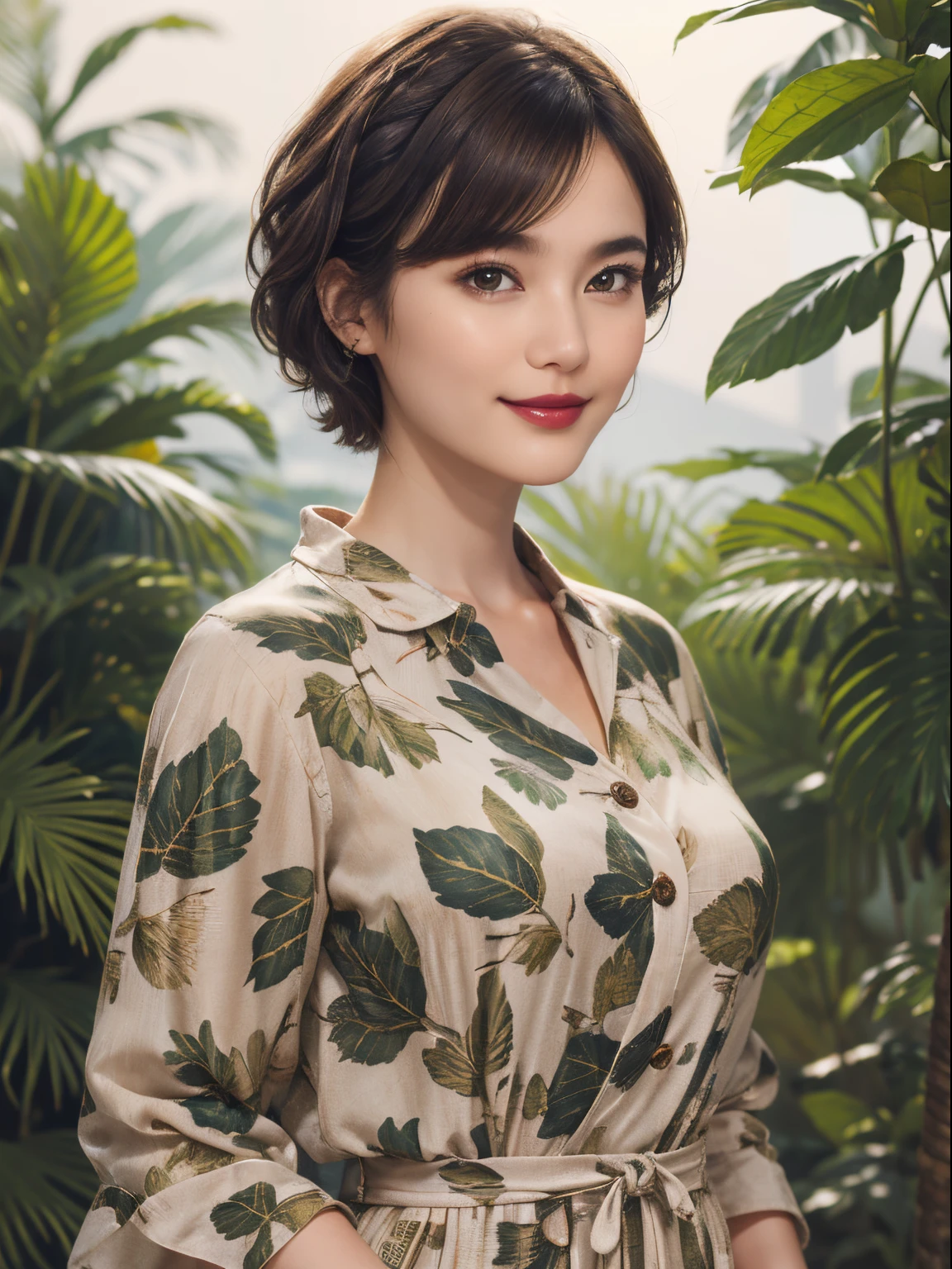 110
(a 20 yo woman,is standing), (A hyper-realistic), (high-level image quality), ((beautiful hairstyle 46)), ((short-hair)), (Gentle smile), (Keep your mouth shut), (lipsticks), (breasted:1.1), (wildlife print clothing)