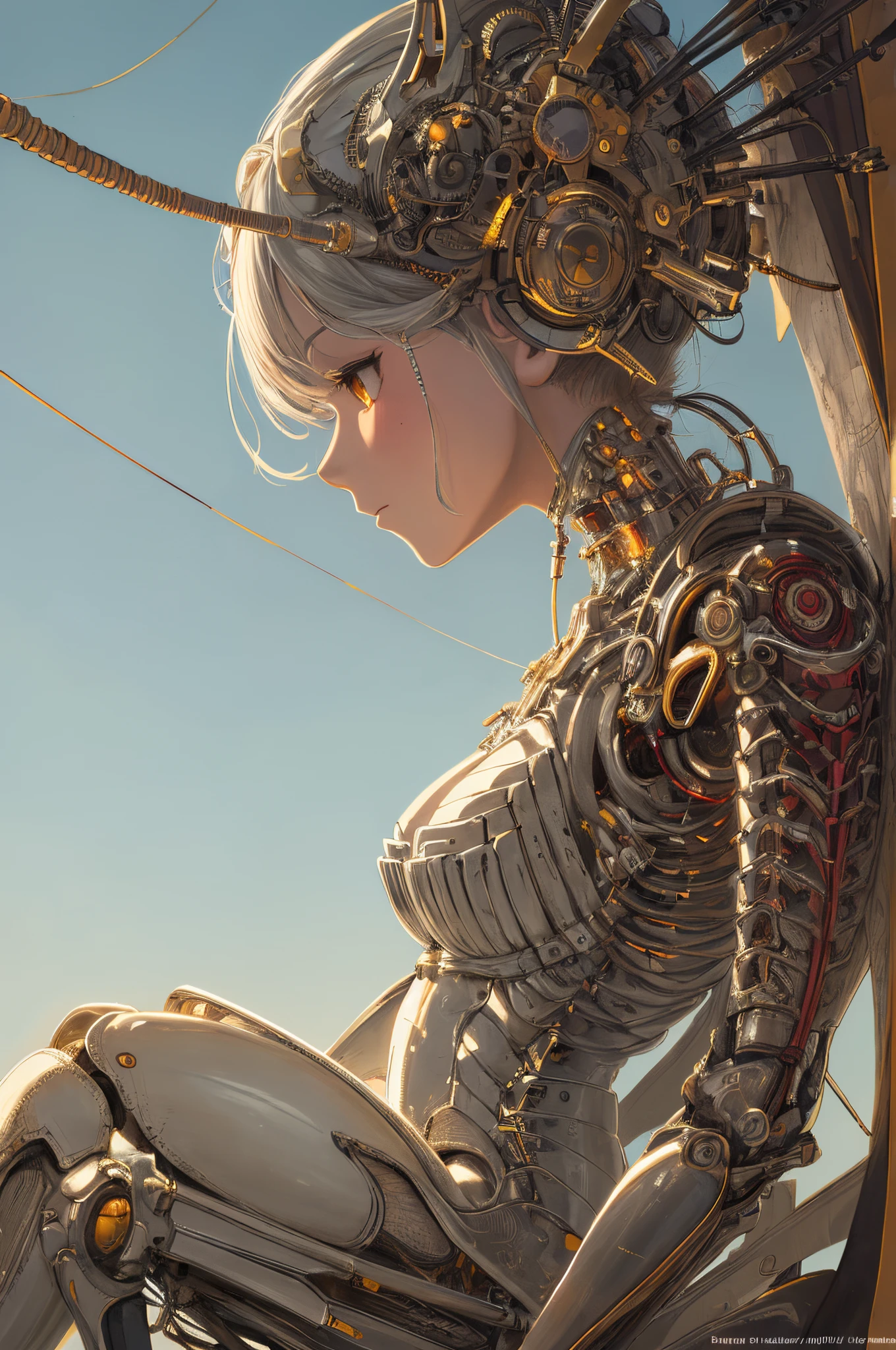 (((masterpiece))), (((best quality))), ((ultra-detailed)), (highly detailed CG illustration), ((an extremely delicate and beautiful)),(from side),cinematic light,((1mechanical girl)),solo,full body,(machine made joints:1.2),((machanical limbs)),(blood vessels connected to tubes),(mechanical vertebra attaching to back),((mechanical cervial attaching to neck)),(sitting),expressionless,(wires and cables attaching to neck:1.2),(wires and cables on head:1.2)(character focus),science fiction,extreme detailed,colorful,highest detailed