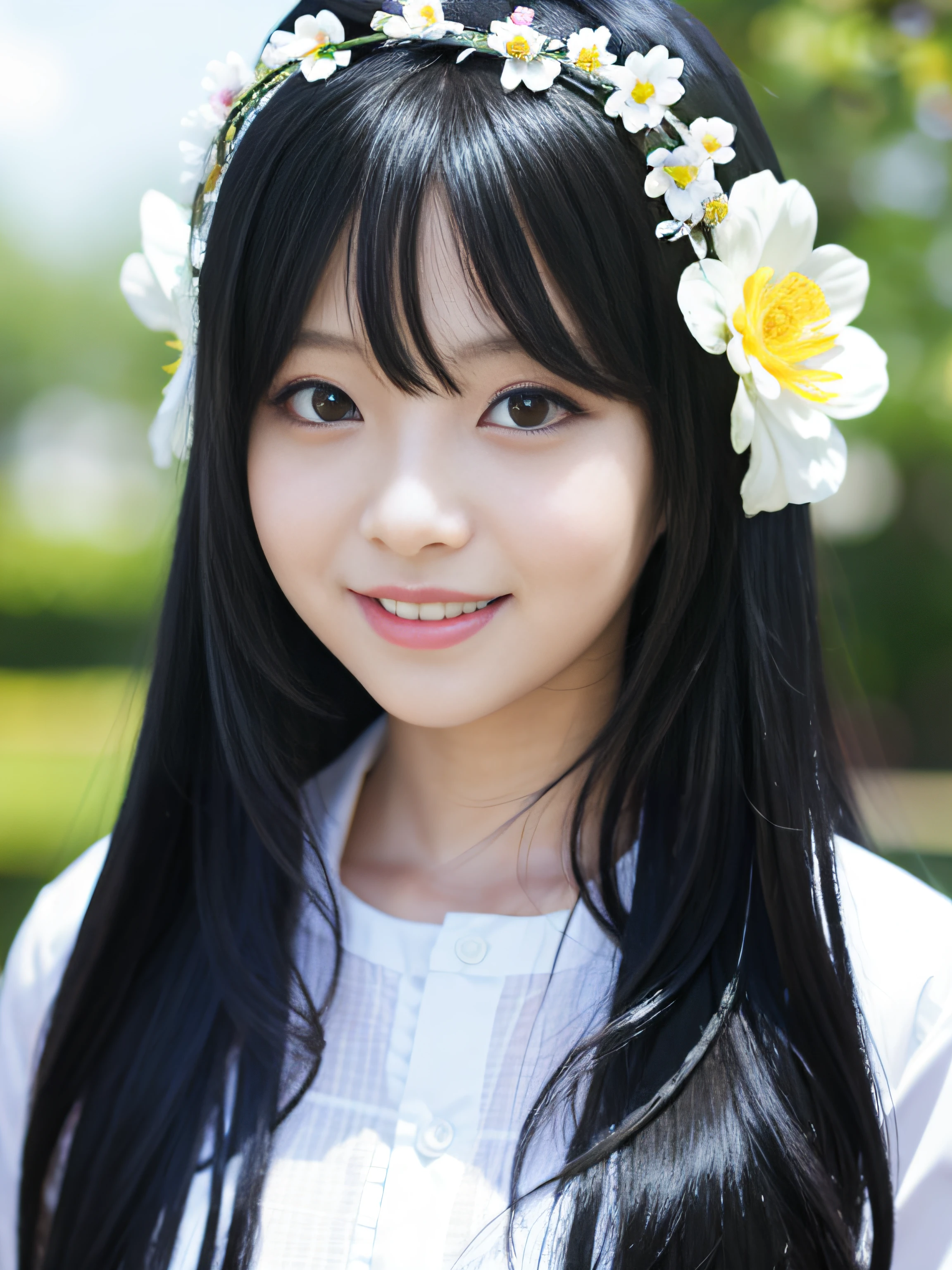 Anime girl with long black hair in white shirt and flower crown, Beautiful Anime Portrait, Stunning anime face portrait, Angel smile、Beautiful anime girl, kawaii realistic portrait, detailed portrait of an anime girl, Portrait Anime Girl, realistic anime 3 d style, realistic young anime girl, realistic anime art style, young anime girl, Anime Realism Style, Realistic anime art style