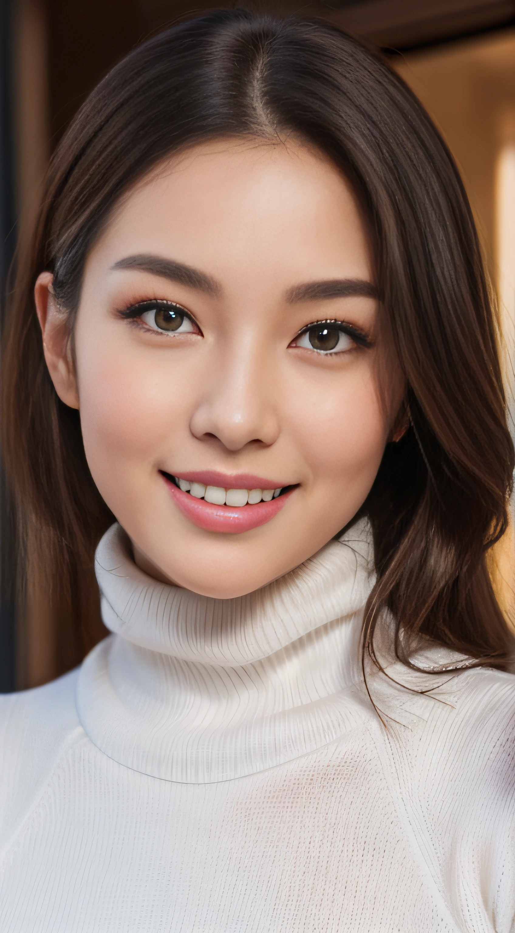 The face is a hostess、Turtleneck sweater、hiquality、A hyper-realistic、healthy、Smiling expression、Slender perfect figure、Japan beauties、beautidful eyes、face perfect、Beautiful skin、The upper part of the body、Christmas、shopping