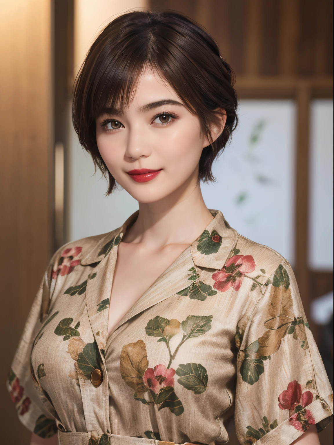 110
(a 20 yo woman,is standing), (A hyper-realistic), (high-level image quality), ((beautiful hairstyle 46)), ((short-hair)), (Gentle smile), (Keep your mouth shut), (lipsticks), (breasted:1.1), (wildlife print clothing)