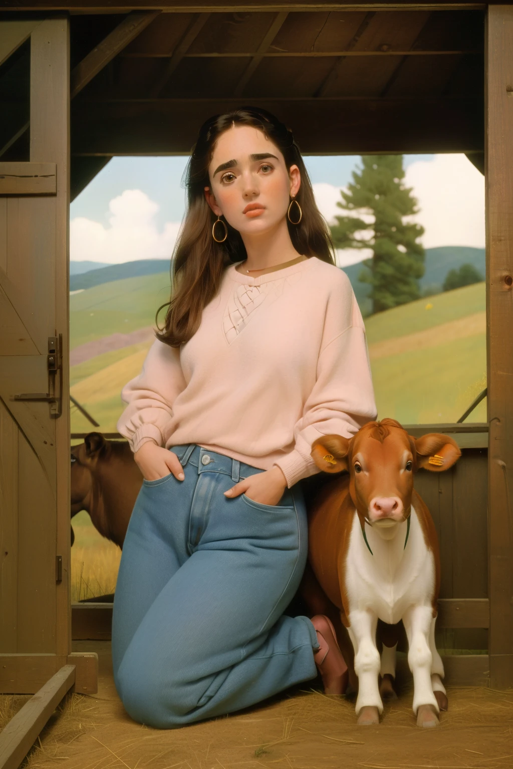 1998, Berkshire County, Massachusetts. Pre-raphaelite ((((46-year-old)) Jennifer Connelly)), inside a barn, kneeling down next to a little calf, ((((casual Clothing from the 1990s)))), ((short Hairstyle of the 1990s)), ((Wes Anderson cinematic style)), colorful