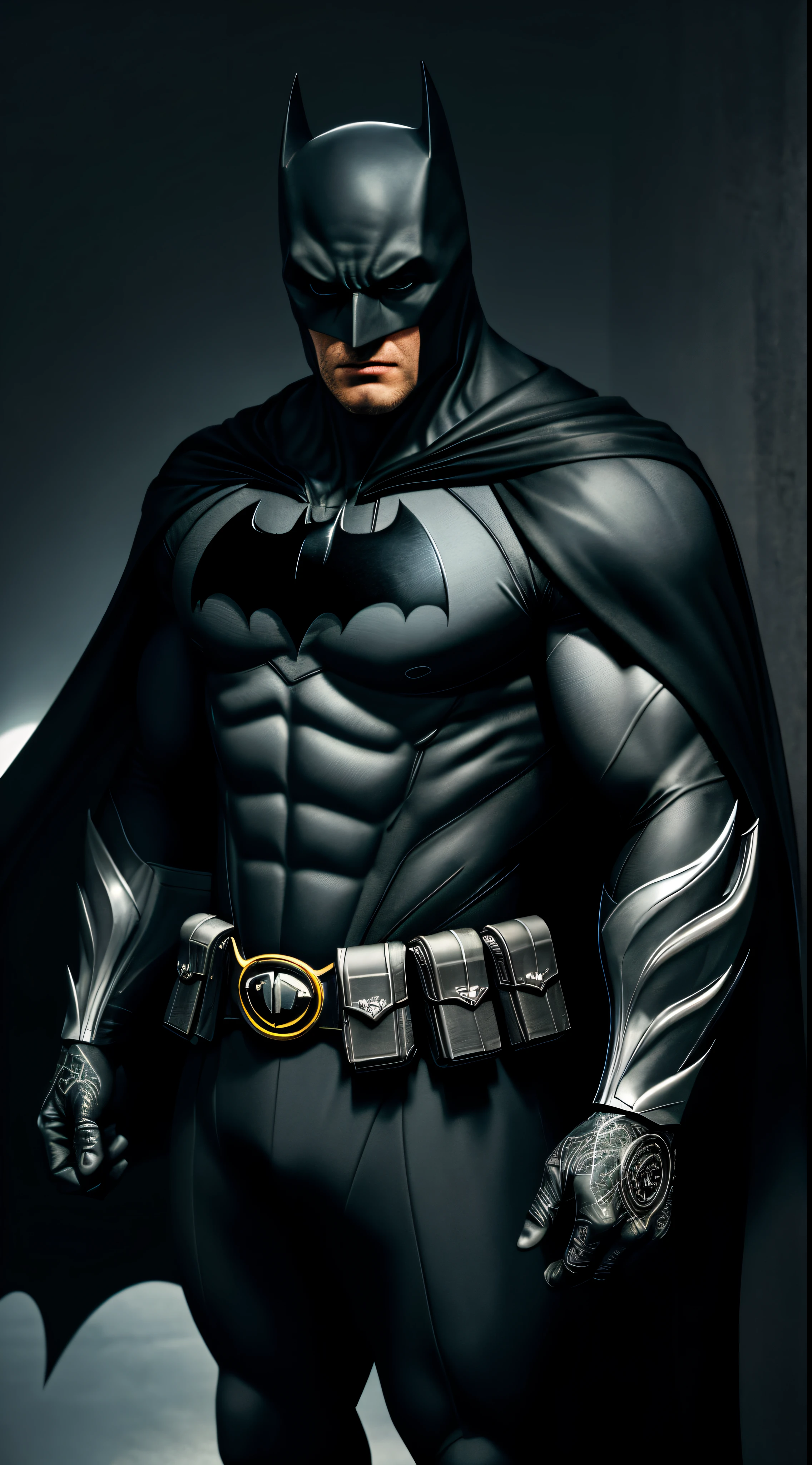 (8k, RAW photo, best quality, masterpiece: 1.2), ultra-detailed, formal art, photorealism: 1.37, upper body shot, DC Batman, film grain, action pose