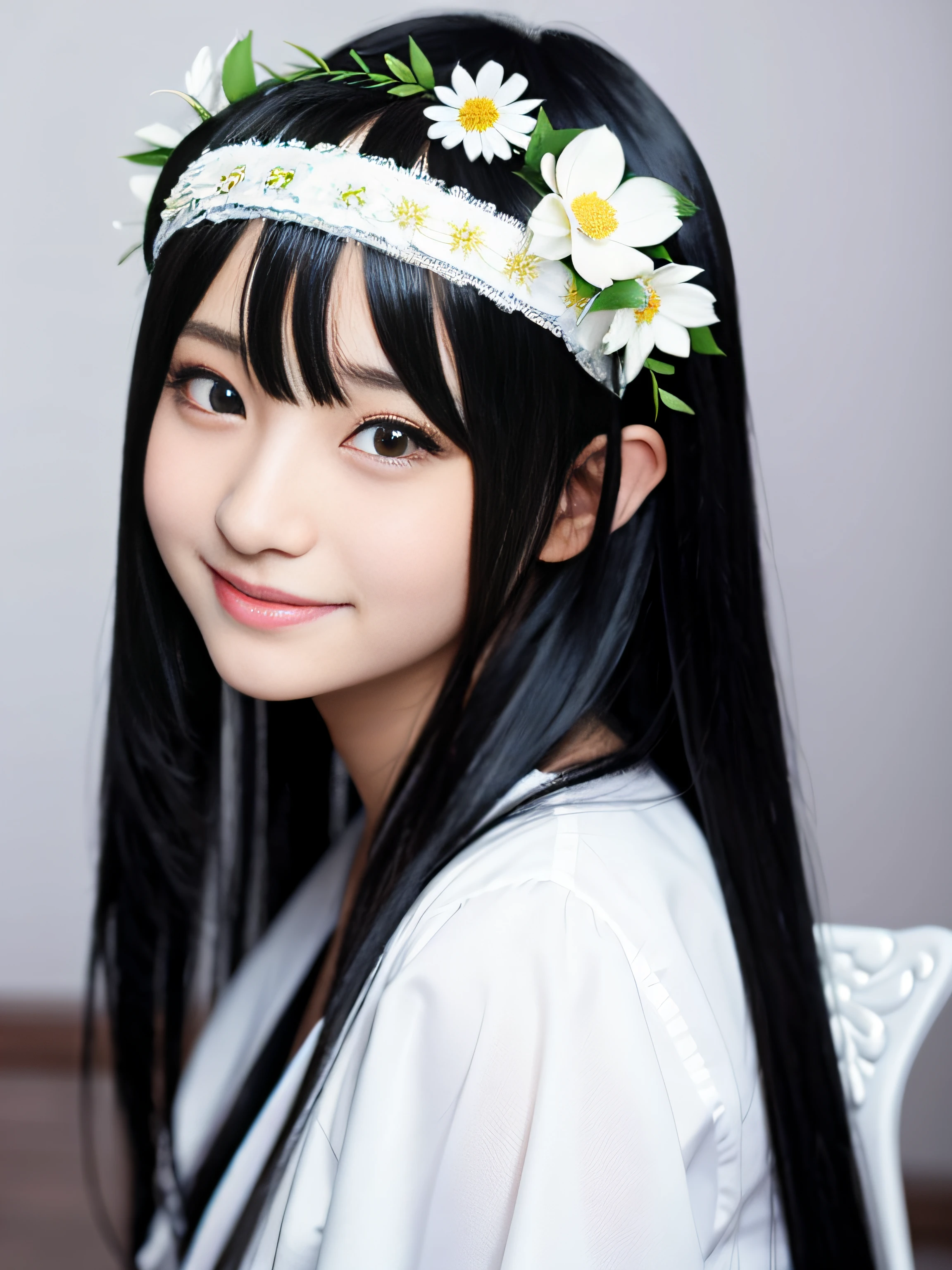 Anime girl with long black hair in white shirt and flower crown, Beautiful Anime Portrait, Stunning anime face portrait, Angel smile、Beautiful anime girl, kawaii realistic portrait, detailed portrait of an anime girl, Portrait Anime Girl, realistic anime 3 d style, realistic young anime girl, realistic anime art style, young anime girl, Anime Realism Style, Realistic anime art style
