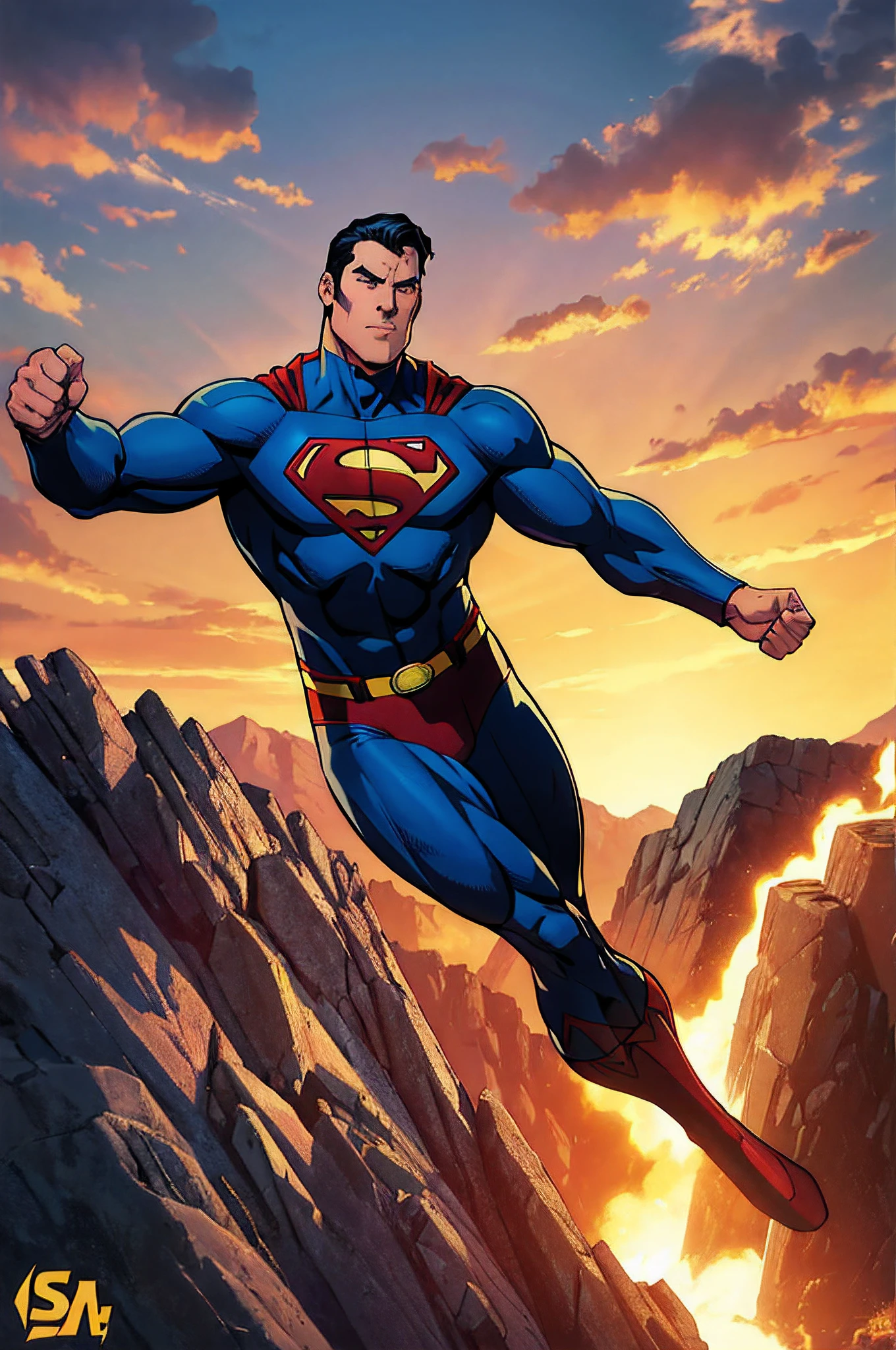 Generate an illustration with an anatomically accurate superhero in a natural landscape setting,
in direct contrast to Joe Shuster's stylized Superman. Emphasize realistic proportions, accurate muscle
definition, and human features. Discourage exaggerated poses and bold lines. Create a depiction that
prioritizes true-to-life human anatomy against the backdrop of a classic natural environment, deviating
from the stylized and dynamic characteristics associated with Shuster's iconic superhero artwork.