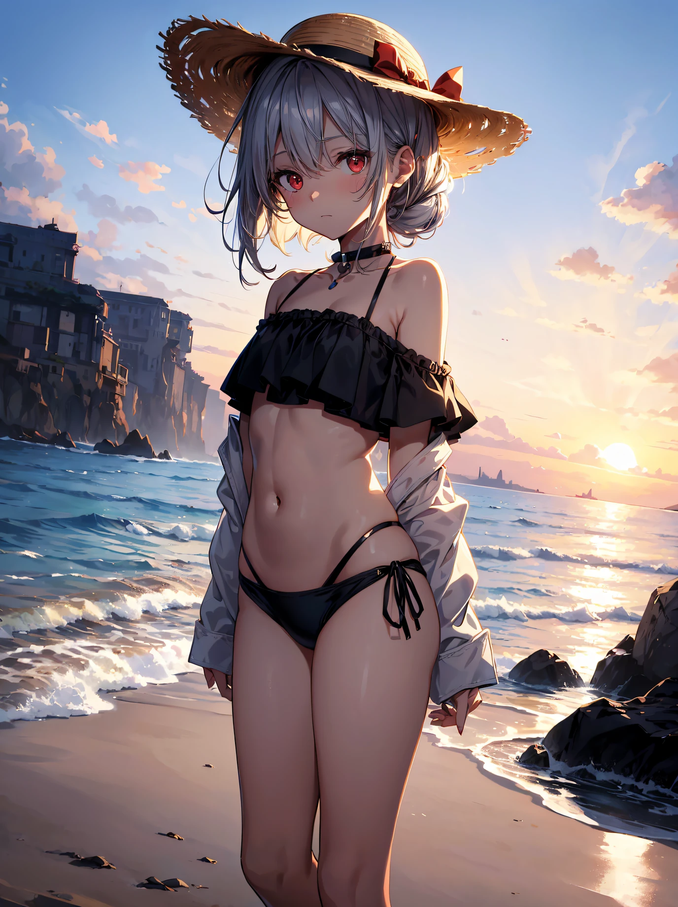 God quality, anime moe artstyle,best anime 8k konachan wallpaper,badass anime 16k,perfect anatomy, (Please draw A girl in a off shoulder bikini walking on the beach. :1.3),break, 1girl, (Solo,,child,12-year-old:1.5),(dark tan skin), Full limbs, complete fingers, long hair, silver hair, androgynous charm,flat chest, Small butt, groin, Small eyes,beatiful detailed red eyes,Ponytail, anklet, sun hat, in the rural beach. break,ultra-detailed,high resolution,super detailed skin, professional lighting,(god illustration:1.2),