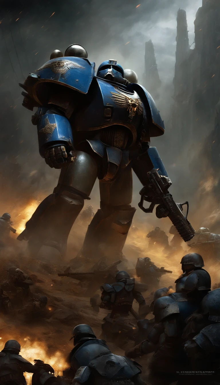 warhammer 40k, Ultramarine Space marine helmet off (grim, battle scarred) standing next to a 'Rhino' combat tank (battle scarred, glamour shot from low angle, Windy  desert daytime