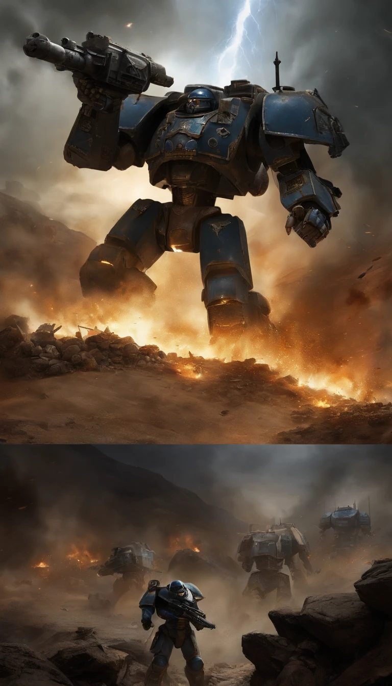 high-quality digital painting,sci-fi,warhammer 40k,ultramarines,grimdark aesthetic,detailed power armor,large-scale battles,explosions and gunfire,ruthless Space Marines,alien enemies,tactical warfare,iconic insignia,heavy bolter fire,glowing energy weapons,post-apocalyptic landscapes,sinister atmosphere,violence and brutality,bullet casings and debris,shattered buildings and ruins,skulls and bones,blood splatters,war-torn cities,dark and moody lighting,powerful warlord commanding troops,heroic sacrifices and bravery,epic battles,desperate fight for survival,empire in the stars,colossal war machines,warriors of the Imperium,chaotic battles between factions.