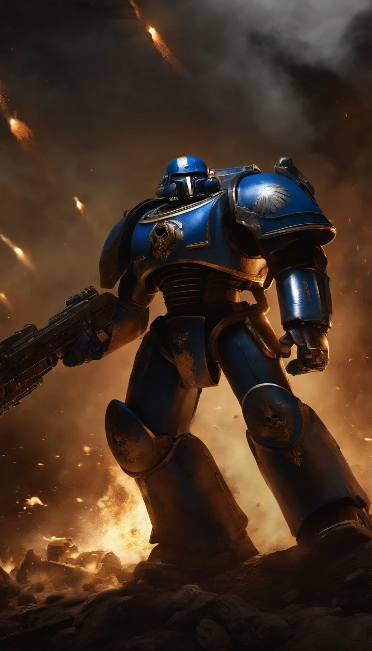 high-quality digital painting,sci-fi,warhammer 40k,ultramarines,grimdark aesthetic,detailed power armor,large-scale battles,explosions and gunfire,ruthless Space Marines,alien enemies,tactical warfare,iconic insignia,heavy bolter fire,glowing energy weapons,post-apocalyptic landscapes,sinister atmosphere,violence and brutality,bullet casings and debris,shattered buildings and ruins,skulls and bones,blood splatters,war-torn cities,dark and moody lighting,powerful warlord commanding troops,heroic sacrifices and bravery,epic battles,desperate fight for survival,empire in the stars,colossal war machines,warriors of the Imperium,chaotic battles between factions.