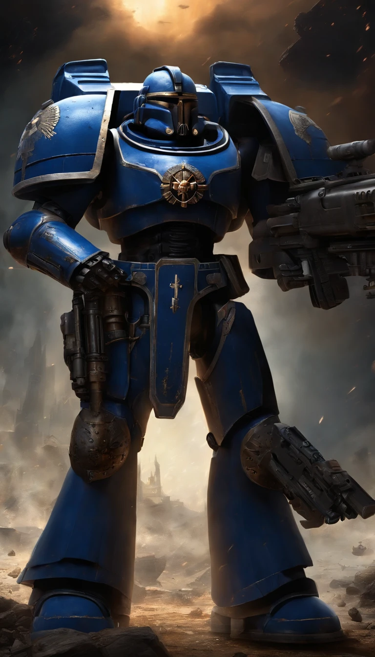 high-quality digital painting,sci-fi,warhammer 40k,ultramarines,grimdark aesthetic,detailed power armor,large-scale battles,explosions and gunfire,ruthless Space Marines,alien enemies,tactical warfare,iconic insignia,heavy bolter fire,glowing energy weapons,post-apocalyptic landscapes,sinister atmosphere,violence and brutality,bullet casings and debris,shattered buildings and ruins,skulls and bones,blood splatters,war-torn cities,dark and moody lighting,powerful warlord commanding troops,heroic sacrifices and bravery,epic battles,desperate fight for survival,empire in the stars,colossal war machines,warriors of the Imperium,chaotic battles between factions.