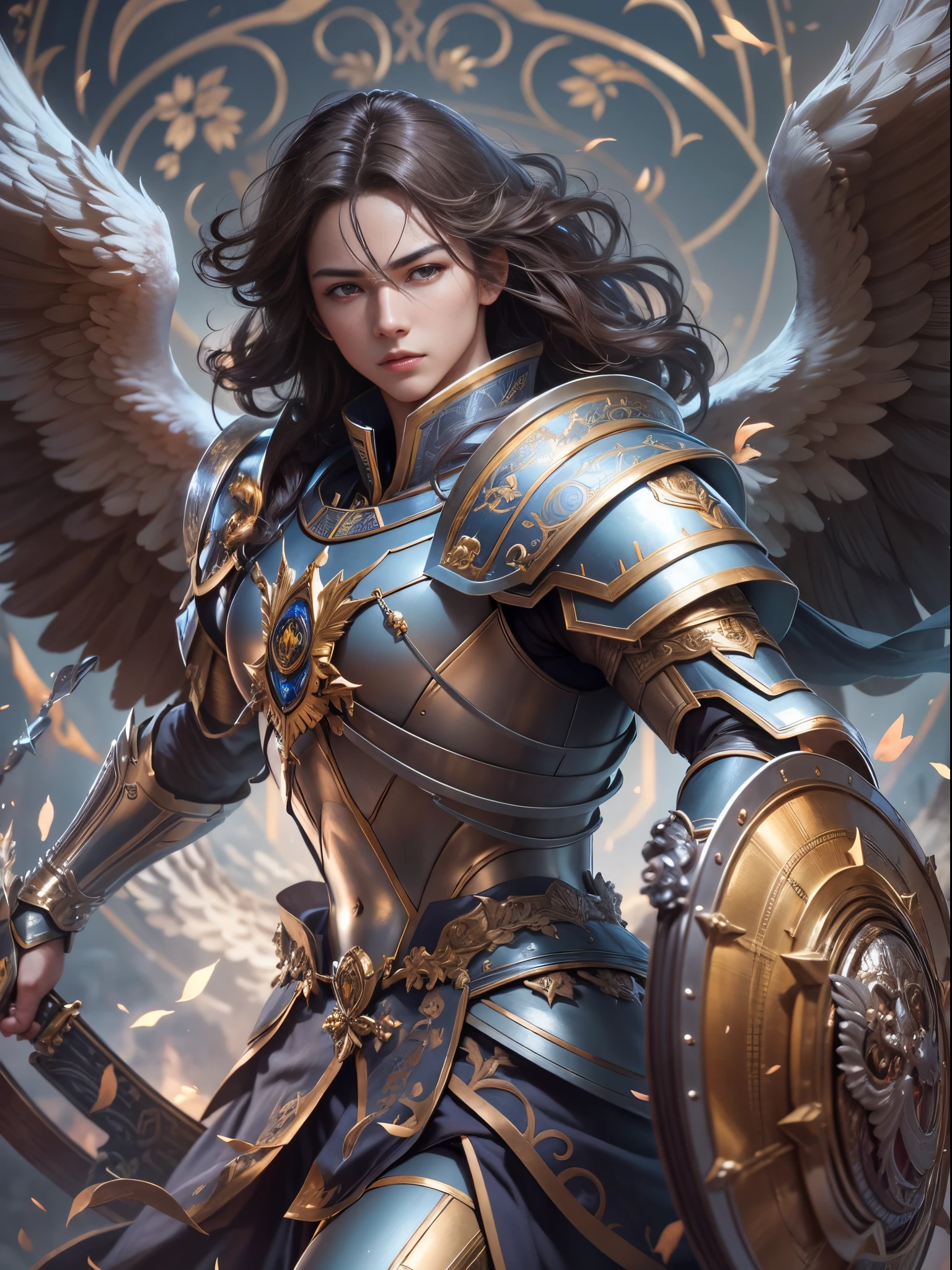 Archangel Michael、The Four Archangels、masutepiece,Best Quality,ultra-detailliert,hight resolution,hight resolution,4K,Portrait in 4K,8K,8K Portrait,Unity 8k壁纸,extremely details CG,Realistic,Raw photo,Real person,a portrait photo of,Photorealistic,Shiny skin,Detailed skin,Fighting figure、Fighting figure、fight the light、fight with love