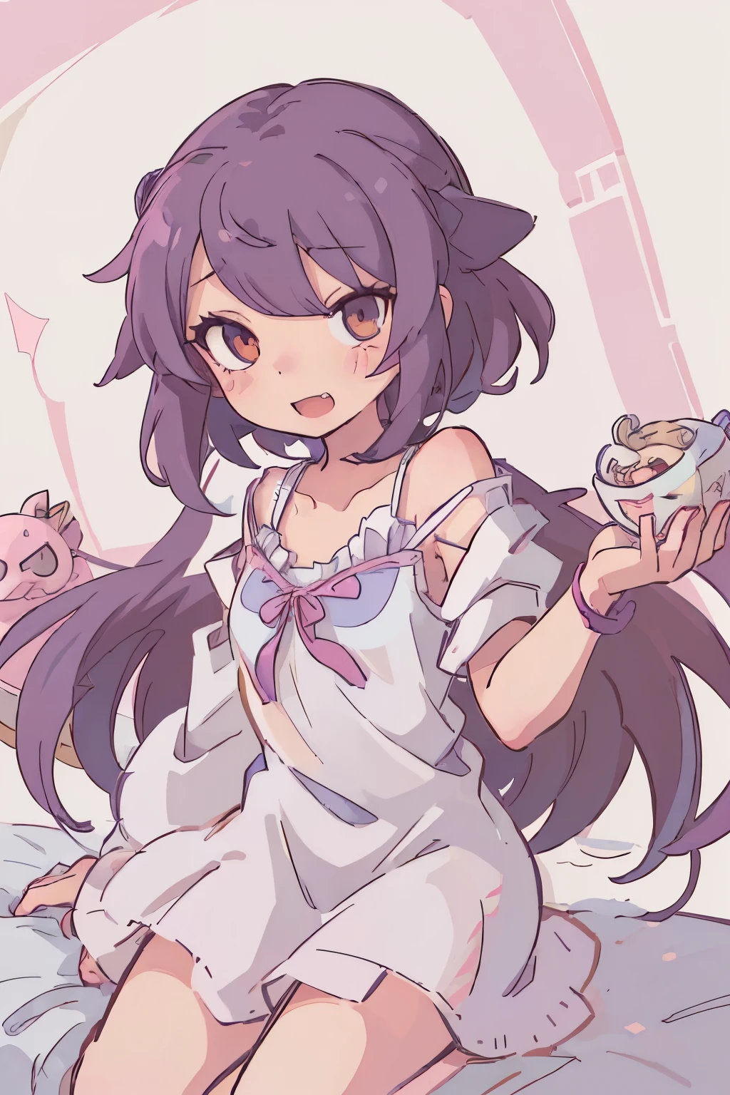 (Best Quality:0.8) perfect anime illustration, cute little, Longhaire、make - up、girl with、bed made of mosaic、Cute clothes、Guibli、frontage、Show fangs