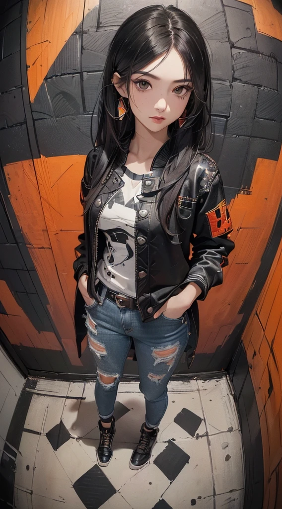 (((8k wallpaper of extremely detailed CG unit:1.2, ​masterpiece, hight resolution:1.2, top-quality:1.2, masutepiece))), ((a very beautiful woman, Hands in pockets:1.8, Grunge Fashion:1.2, Wear outerwear:1.2, Wearing skinny jeans, Wearing shoes)), ((extra detailed face, Highly detailed black eyes, extra detailed body, Top quality real texture skins)), (A dark-haired, length hair, de pele branca), ((Colorful geometric patterns are painted all over the wall., Colorful wall)), (high-angle:1.2, Fisheye:1.3), hyper realisitic, digitial painting,