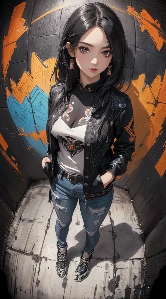 (((8k wallpaper of extremely detailed CG unit:1.2, masterpiece, hight resolution:1.2, top-quality:1.2, masutepiece))), ((a very beautiful woman, Hands in pockets:1.8, Grunge Fashion:1.2, Wear outerwear:1.2, Wearing skinny jeans, Wearing shoes)), ((extra detailed face, Highly detailed black eyes, extra detailed body, Top quality real texture skins)), (A dark-haired, length hair, de pele branca), ((Colorful geometric patterns are painted all over the wall., Colorful wall)), (high-angle:1.2, Fisheye:1.3), hyper realisitic, digitial painting,