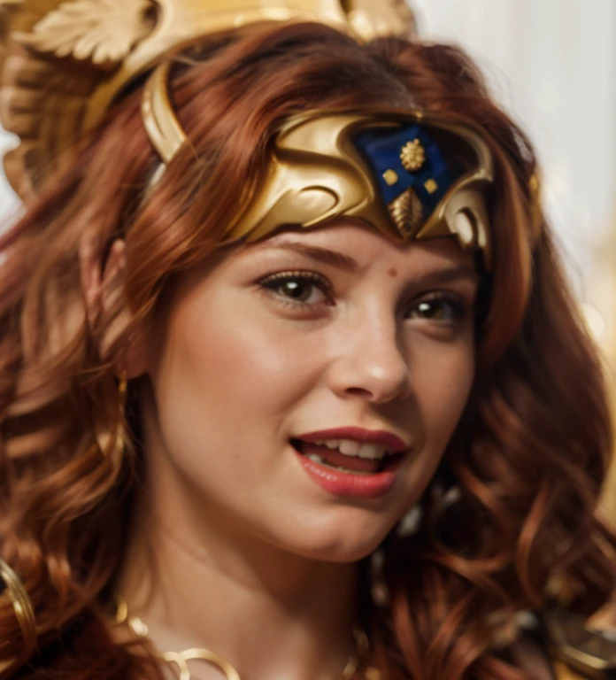 a close up of a woman with a red hair and a gold diadem, goddess minerva, the goddess artemis smirking, angry laugh, venus godness athena, gorgon, athena, golden goddess athena, artemis, greek goddess athena, circe, freya, megara, avatar image, the goddess hera looking angry, portrait of megara