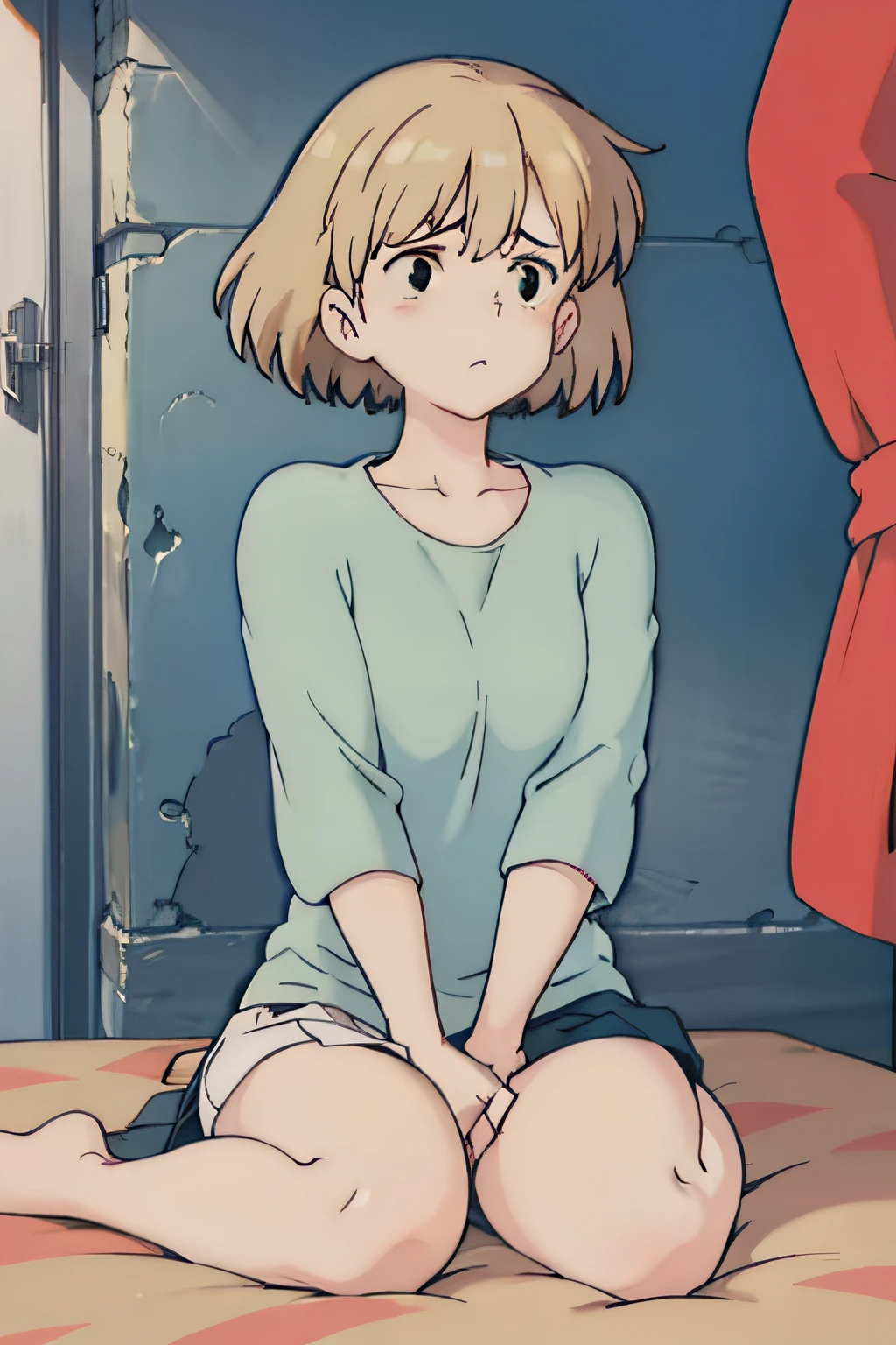 beautiful girl, slender, boyish, very short hair, brown hair, (wear a white long-sleeved T-shirt), (white bikini panties) , Perfect hands, Perfect body, Sitting with one Knee , (bare foot), ((looking away)), relaxing, ((Exquisite detail)), Very finely crafted fingers(((10 fingers))), (Full-body showcase), (Show your whole body), (No logos on background), (No logo), (taken from below),