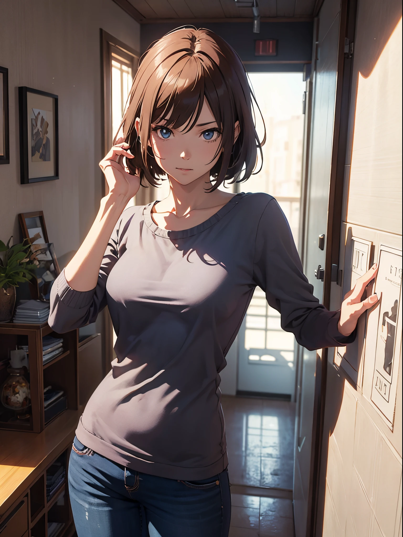 A woman leaning against the door posing for a photo, The head is not exposed，Wearing half-sleeved upper body，[ 4K realism ]!!, [ 4K realism ]!!!, [ 4K digital art ]!!, Realistic shadow perfect body, realisticlying!!!!!!! art-style, photorealistic anime, by Shitao, Popular topics on cgstation, Casual pose, realistic anime 3D style