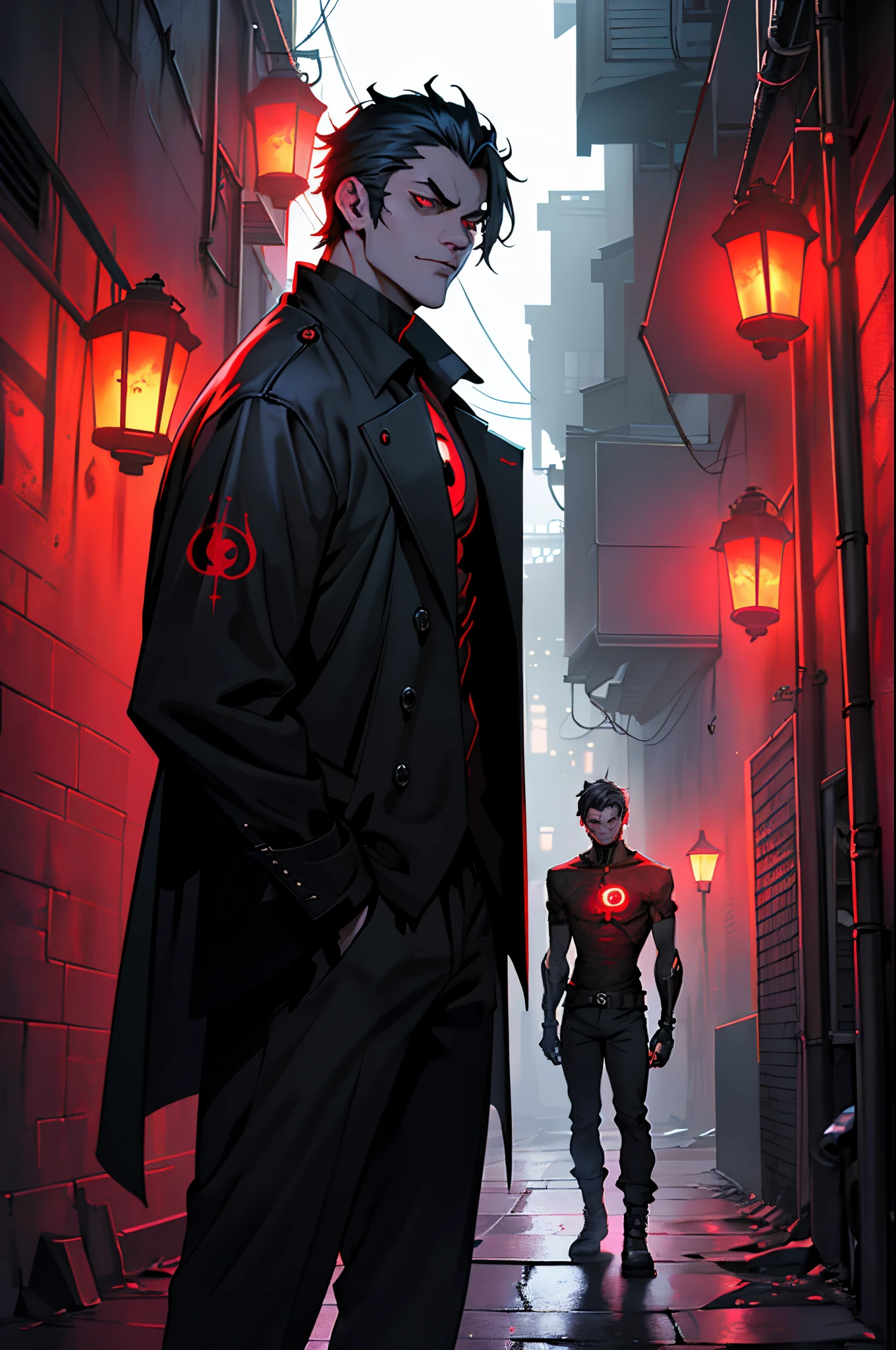 (Best Quality, Masterpiece, detailized face) ciberpunk, dark alley, the night, darkly, luna, Red lanterns, gloomily, 3 men, Dynamic posture, bad Boys, 4k,