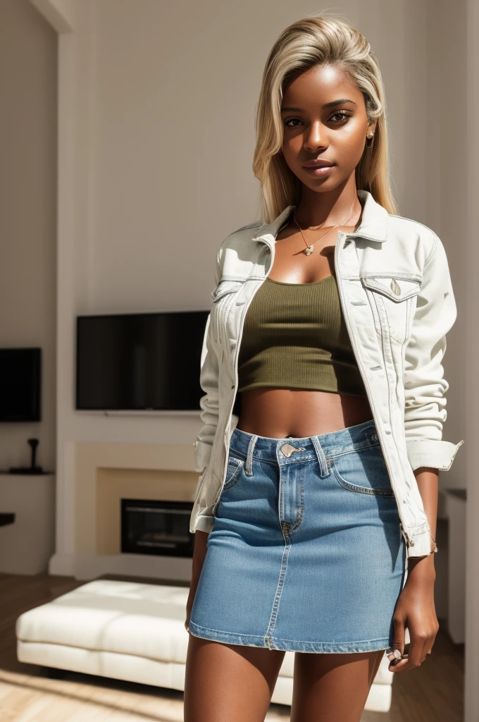 A solo full shot of an attractive ((brown skin young woman ))she is beautiful and petite ((wearing an olive short skirt , white crop top and denim jacket )) ((olive trendy skirt))((lifelike skin texture)) ((very detailed image )) she has a petite figure ((stunning eyes and a sharp nose)) a perfect ((blonde white hair)) ((standing in a neat living room)) UHD, a Masterpiece,Realistic textures,(( hyper-realistic)), 8k, photorealistic, XT3 grain,Fujifilm((ines c dos santos))