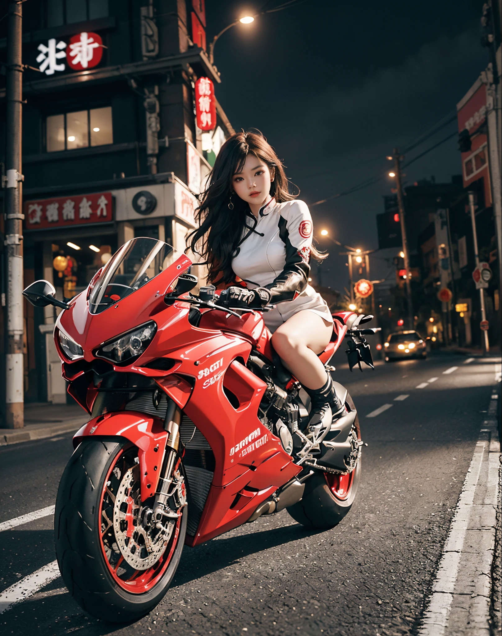 hight resolution、high-level image quality、in 8K、Real live-action、Raw photography、top-quality、masterpiece、masutepiece、(Soft Saturation:1)、(depth of fields:1.2)、(Ray traching:1.2)、Shot from diagonally below、(mid night:1.3)、optic、The background is a sci-fi future city at night.........、Light traces、Flowing light、heavy wind、Big red motorcycle speeding through the city at night、Young woman in red cheongsam clothes sitting on a big red motorcycle on a blurred background, Beautiful face、kawaii faces、(Red china clothes:1.2)、white knee highs、(Red high heels:1.2、Draw the toes:1.2)、perfect hand、perfect foot、perfect ankles、Perfect toes、Perfect toes、Perfect Heel:1.3、((Grasp the controller with both hands:1.2))、Slouched、put one'Upper body, Lower body:1.2、Sitting on the Ducati Panigale V4,Riding the Ducati Panigale V4, Sci-fi style bikes, Sci-fi style bikes, Ducati Panigale V4 Motorcycle Rider, How to ride the Ducati Panigale V4, (Draw left and right rearview mirrors:1.3)、headlights shine blue、picture of a female biker, motorbike,Motorcycle displacement: Ducati Panigale V4 Details、motion-blur、raise white smoke、