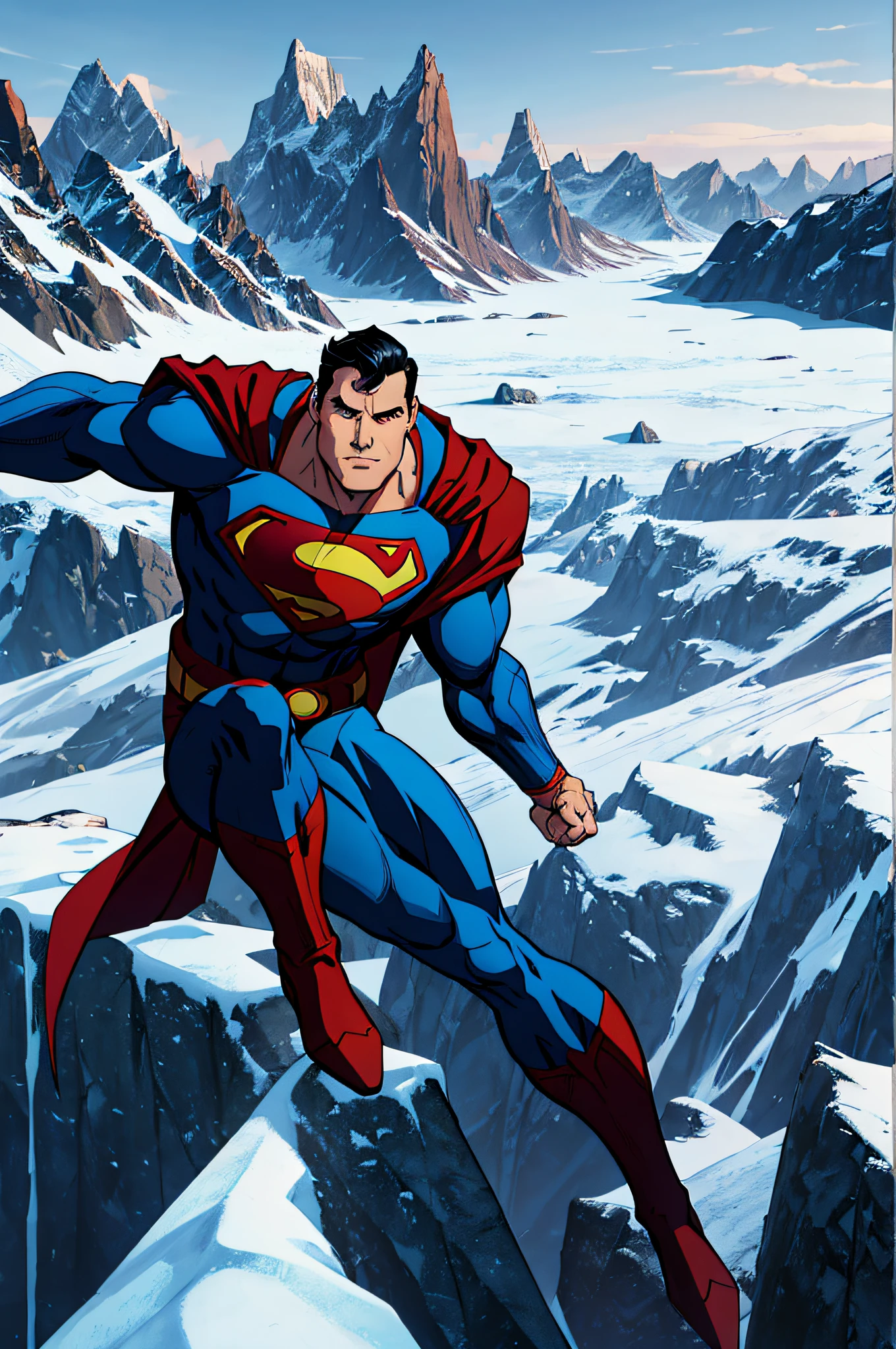 Generate an illustration with an anatomically accurate superhero in a natural artic landscape setting, in direct contrast to Joe Shuster's stylized Superman. Emphasize realistic proportions, accurate muscle definition, and human features. Discourage exaggerated poses and bold lines. Create a depiction that prioritizes true-to-life human anatomy against the backdrop of a classic natural environment, deviating from the stylized and dynamic characteristics associated with Shuster's iconic superhero artwork.