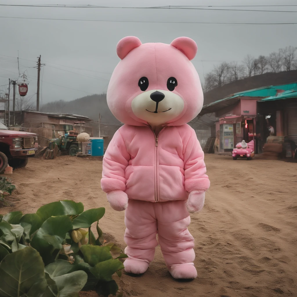 Full body 8K pictures, The little child wears a large oversized cute full head pink cartoon bear mask masquerade party,Wearing green, yellow and pink sportswear,potbelly, fat, In a post-apocalyptic rural South Korea, At a gas station out of service, There is fog, smog, eventide, toy tractor, toys, agricultural equipment,,
