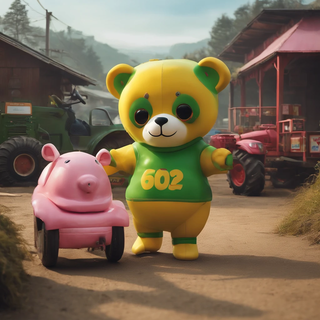 Full body 8K pictures, The little child wears a large oversized cute full head pink cartoon bear mask masquerade party,Wearing green, yellow and pink sportswear,potbelly, fat, In a post-apocalyptic rural South Korea, At a gas station out of service, There is fog, smog, eventide, toy tractor, toys, agricultural equipment,,