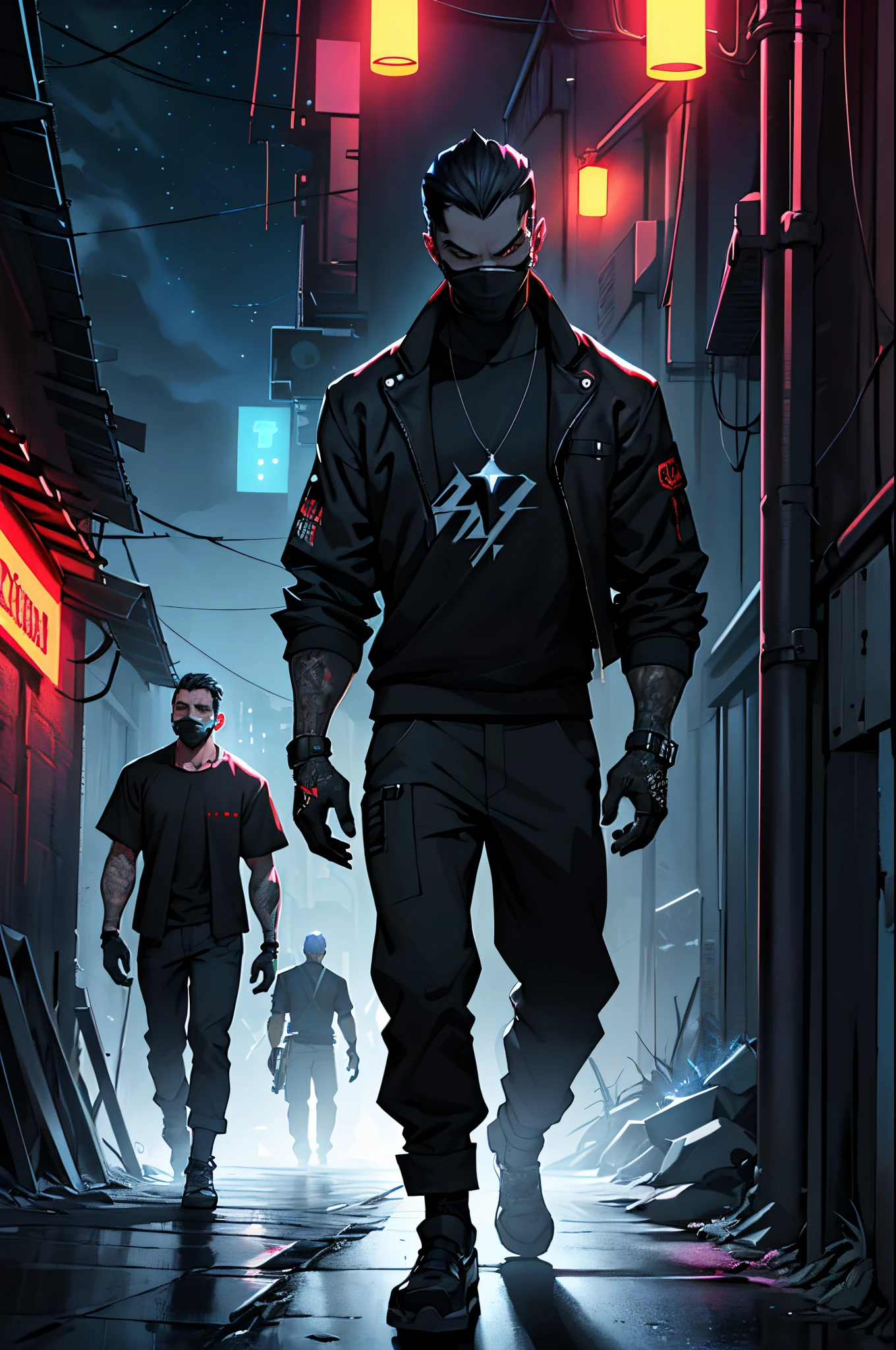 (Best Quality, Masterpiece, detailized face) ciberpunk, dark alley, the night, darkly, the stars, night sky, red billboards, gloomily, 3 men, Dynamic posture, bad Boys, 4k,