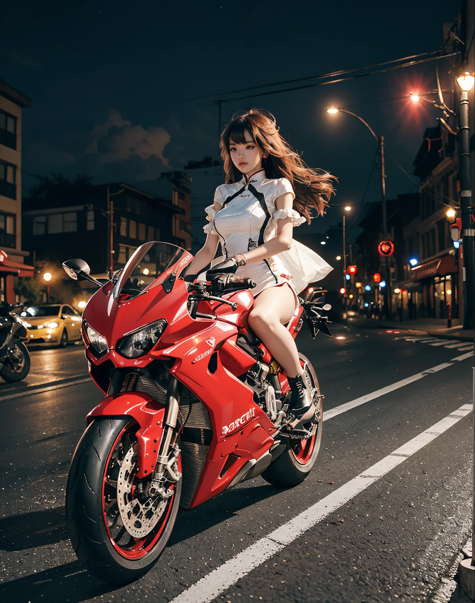 hight resolution、high-level image quality、in 8K、Real live-action、Raw photography、top-quality、masterpiece、masutepiece、(Soft Saturation:1)、(depth of fields:1.2)、(Ray traching:1.2)、Shot from diagonally below、(mid night:1.3)、optic、The background is a sci-fi future city at night.........、Light traces、Flowing light、heavy wind、Big red motorcycle speeding through the city at night、Young woman in red cheongsam clothes sitting on a big red motorcycle on a blurred background, Beautiful face、kawaii faces、(Red china clothes:1.2)、white knee highs、(Red high heels:1.2、Draw the toes:1.2)、perfect hand、perfect foot、perfect ankles、Perfect toes、Perfect toes、Perfect Heel:1.3、((Grasp the controller with both hands:1.2))、Slouched、put one'Upper body, Lower body:1.2、Sitting on the Ducati Panigale V4,Riding the Ducati Panigale V4, Sci-fi style bikes, Sci-fi style bikes, Ducati Panigale V4 Motorcycle Rider, How to ride the Ducati Panigale V4, (Draw left and right rearview mirrors:1.3)、headlights shine blue、picture of a female biker, motorbike,Motorcycle displacement: Ducati Panigale V4 Details、motion-blur、raise white smoke、