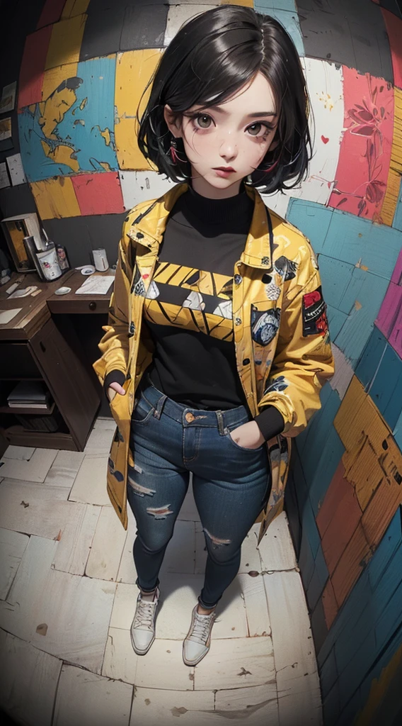 (((8k wallpaper of extremely detailed CG unit:1.2, ​masterpiece, hight resolution:1.2, top-quality:1.2, masutepiece))), ((a very beautiful woman, Hands in pockets:1.8, Grunge Fashion:1.2, Wear outerwear:1.2, Wearing skinny jeans, Wearing shoes)), ((extra detailed face, Highly detailed black eyes, extra detailed body, Top quality real texture skins)), (A dark-haired, length hair, de pele branca), ((Colorful geometric patterns are painted all over the wall., Colorful wall)), (high-angle:1.2, Fisheye:1.3), hyper realisitic, digitial painting,