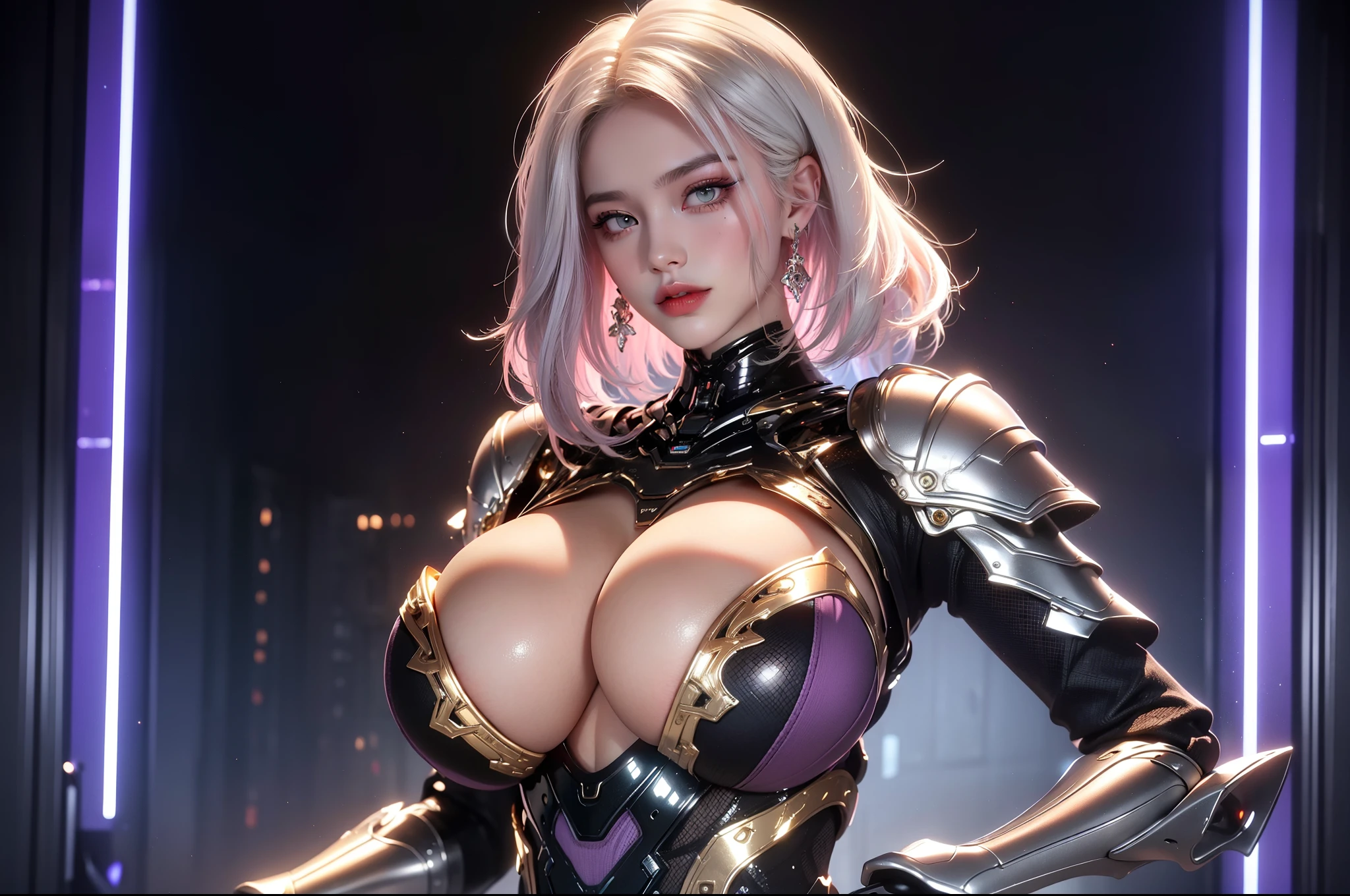 (masterpiece), best quality, expressive eyes, perfect face, beautiful details face, beautiful round eyes, full body, A beautiful mature woman in cyber armour suit shows her Extremely busty and attractive breasts, (arrogant face), (silver purple hair), (bob cut, streaked hair, expressive hair, shiny hair, glowing hair, multicolored hair, gradient hair, colored inner hair, straight hair, very short hair), fair skin, (beautiful detailed full bodysuit:1.3), (full body cyber armour), glowing and shining armour, silver and blue cyber armour, (cybernetic wings:1.2, Gigantic mechanical wing:1.2), (Edge lights:1.3), (silver and orange colour scheme:1.3), neon light on armor, beautiful details eyes, (light green eyes:1.3), (glowing eyes:1.2), (Gigantic saggy breasts:1.5), tight breasts, thick body, (well accentuated curves), pink lips, (silver nails), mascara, Long eyelashes, eyeliners, (Extremely wide well defined hips:1.3), (beautiful massive thick thighs:1.3), slender figure, (Extremely detailed skin texture:1.2), beautiful detailed realistic muscle definition, golden lights that shimmer, high detailed eyes, ultra-high quality model, proportionate, intense colouration fantasy, (background fantasy cyber city), pink and gold tetradic colours, earrings, (1girl), solo, cowboy shot, shine, glowing