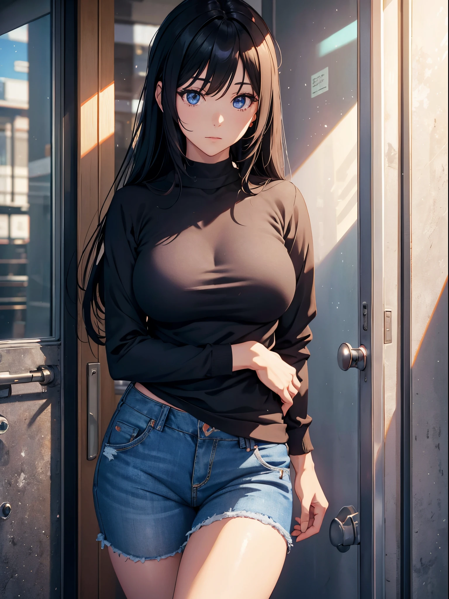 A woman leaning against the door posing for a photo, The head is not exposed，Wearing half-sleeved upper body，[ 4K realism ]!!, [ 4K realism ]!!!, [ 4K digital art ]!!, Realistic shadow perfect body, realisticlying!!!!!!! art-style, photorealistic anime, by Shitao, Popular topics on cgstation, Casual pose, realistic anime 3D style