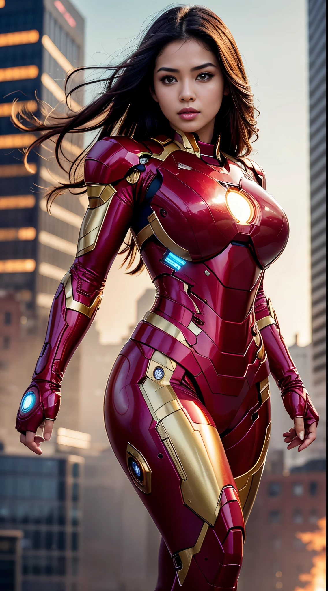 Woman cosplays as iron man, european woman face, sexy woman, curvy body, woman 3, posing at full height , big breasts, Divine face, beauty faces, high detail, Beauty of lips, photorealistic, ultra realistic, background, rtx on, Color correction, perspective, depth of field, line of sight, tonal colors, 8 thousand., Full HD, perfectionism, Rim lighting, daylight, soft lighting, Accent lighting, Score diffractions, hot woman , super detailed, (( Detailed beautiful light blue eyes )) , ( black hair ) , variety of hairstyles, long hair, ( red and gold iron man suit ), very big tits