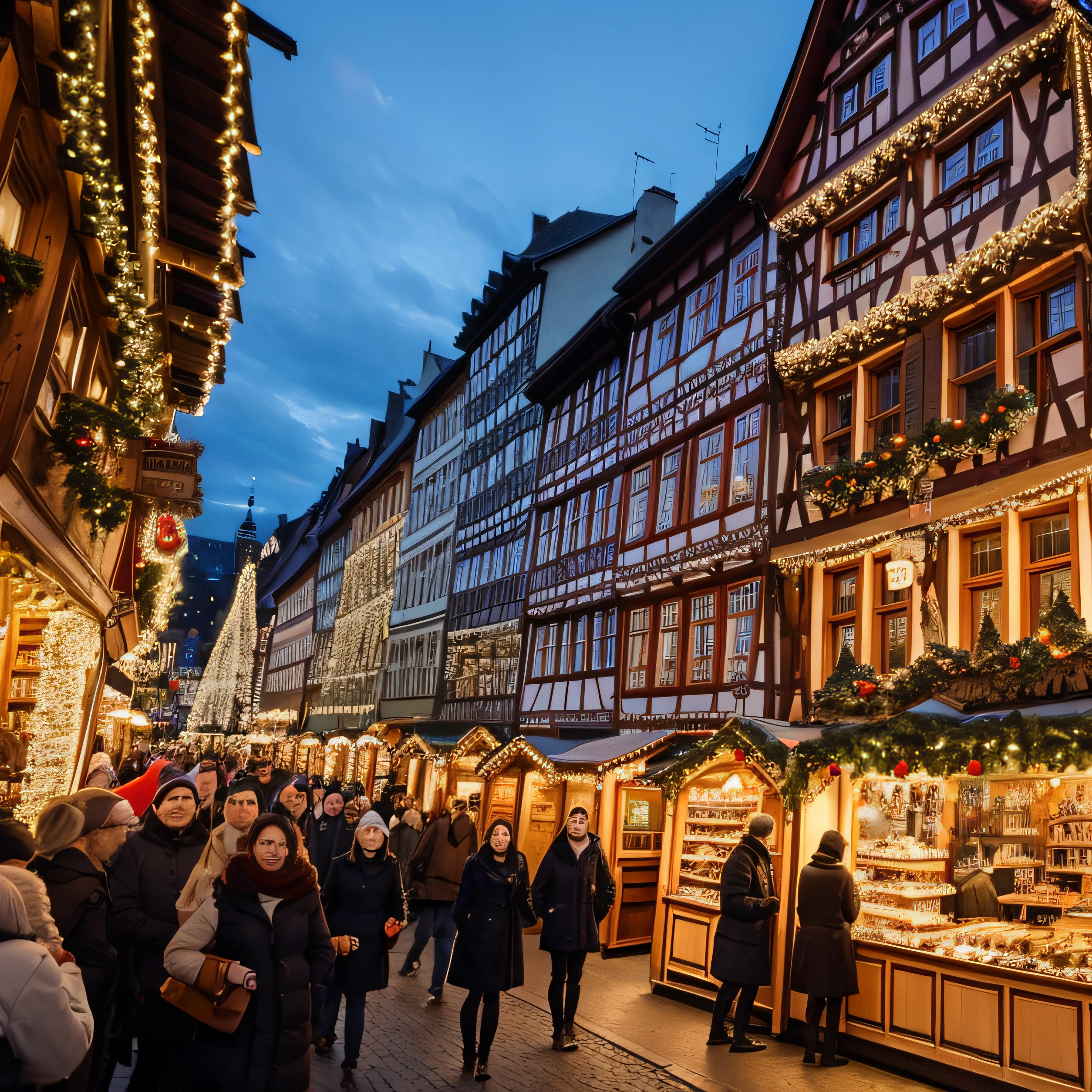 Frankfurt with Christmas market, Christmas lights, people in the streets, Half-timbered houses in the background, with many people, crowded