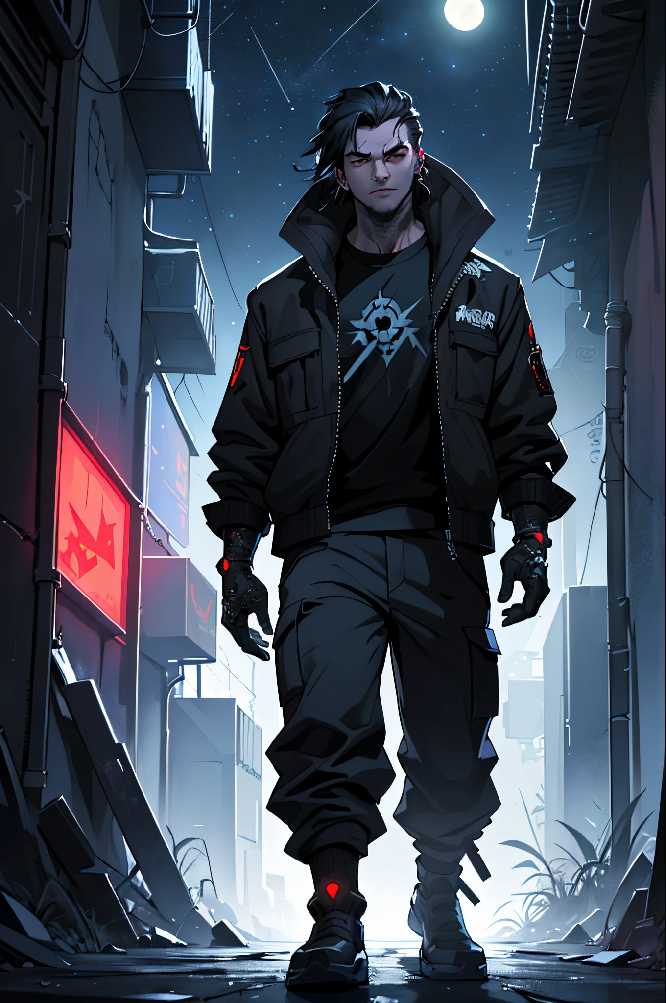 (Best Quality, Masterpiece, detailized face) ciberpunk, dark alley, the night, darkly, the stars, night sky, red billboards, gloomily, 3 men, Dynamic posture, bad Boys, 4k,