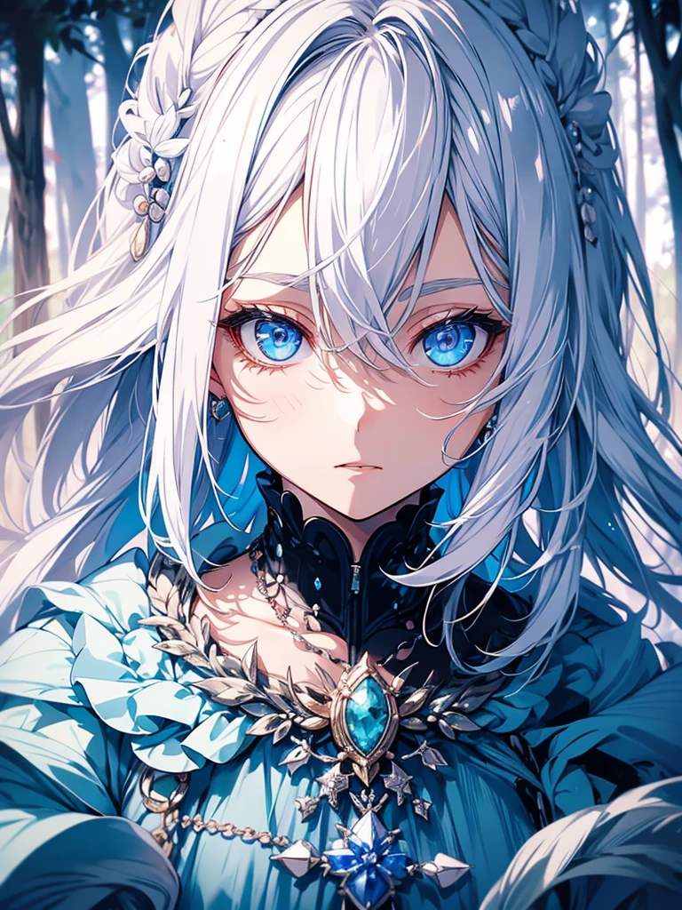 tmasterpiece,girl,White hair,eBlue eyes,shyexpression,necklace with emerald,Short hair details,at a forest,Lateral face,Lordosis and Kyphosis,Bust photo,Blue and white dress,Single