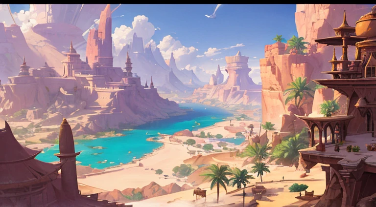 ConceptArt, scenery, desert, desert village, trees, coconut tree, oasis, body of water, caravan, wanderer, sky, clouds, dust, rock, cliffs, canyon, from above, birds, eagle