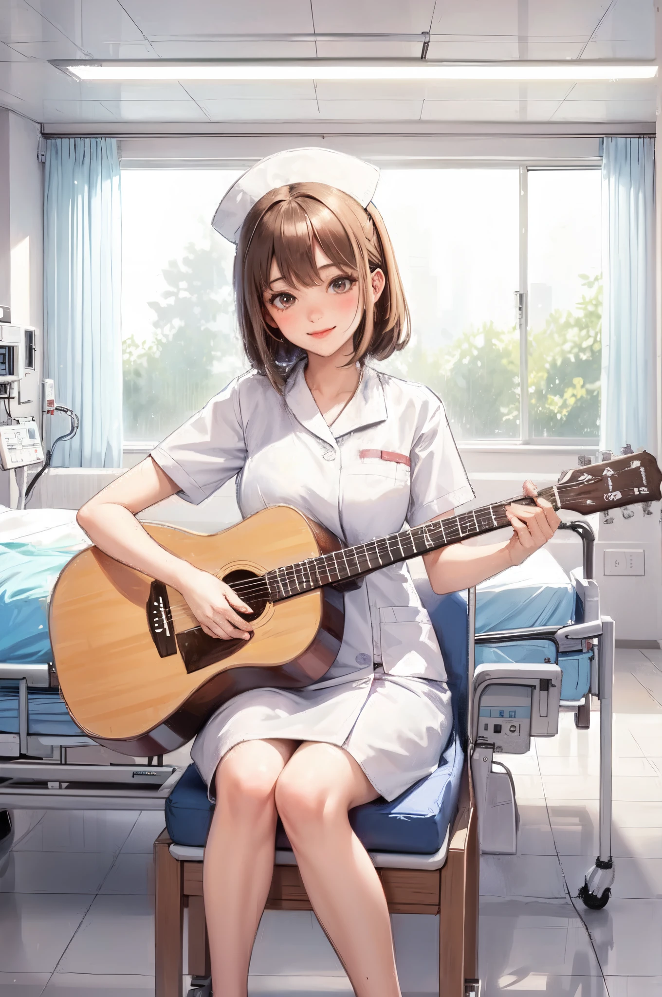 1lady solo, nurse, /(nurse uniform/), mature female, /(brown hair/), blush light smile, (masterpiece best quality:1.3) delicate illustration ultra-detailed, large breasts BREAK playing the guitar BREAK /(hospital indoors/) window