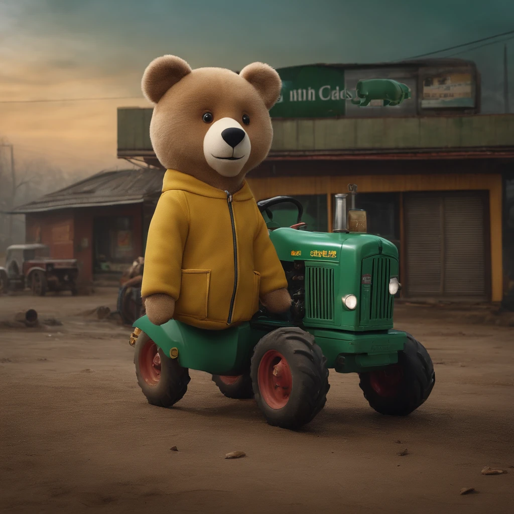 Full body 8K pictures, The wears a large, oversized, cute, full-head, big brown cartoon bear cotton coat,Wearing green, yellow and pink sportswear,potbelly, fat, In a post-apocalyptic rural South Korea, At a gas station out of service, There is fog, smog, eventide, toy tractor, toys, agricultural equipment,,