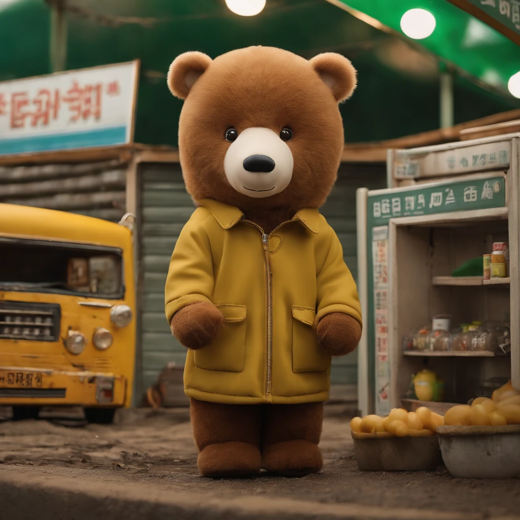 Full body 8K pictures, The little child wears a large, oversized, cute, full-head, big brown cartoon bear cotton coat,Wearing green, yellow and pink sportswear,potbelly, fat, In a post-apocalyptic rural South Korea, At a gas station out of service, There is fog, smog, eventide, toy tractor, toys, agricultural equipment,,