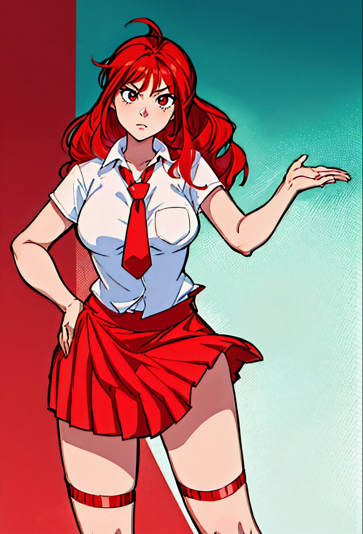 no background, character design, anime girl in a school uniform with a red hair and a white shirt, marin kitagawa fanart, anime style character, she has red hair, erza scarlet as a real person, in an anime style, flat anime style shading, in the art style anime, in anime style, sexy pudica pose gesture, anime character, colored lineart