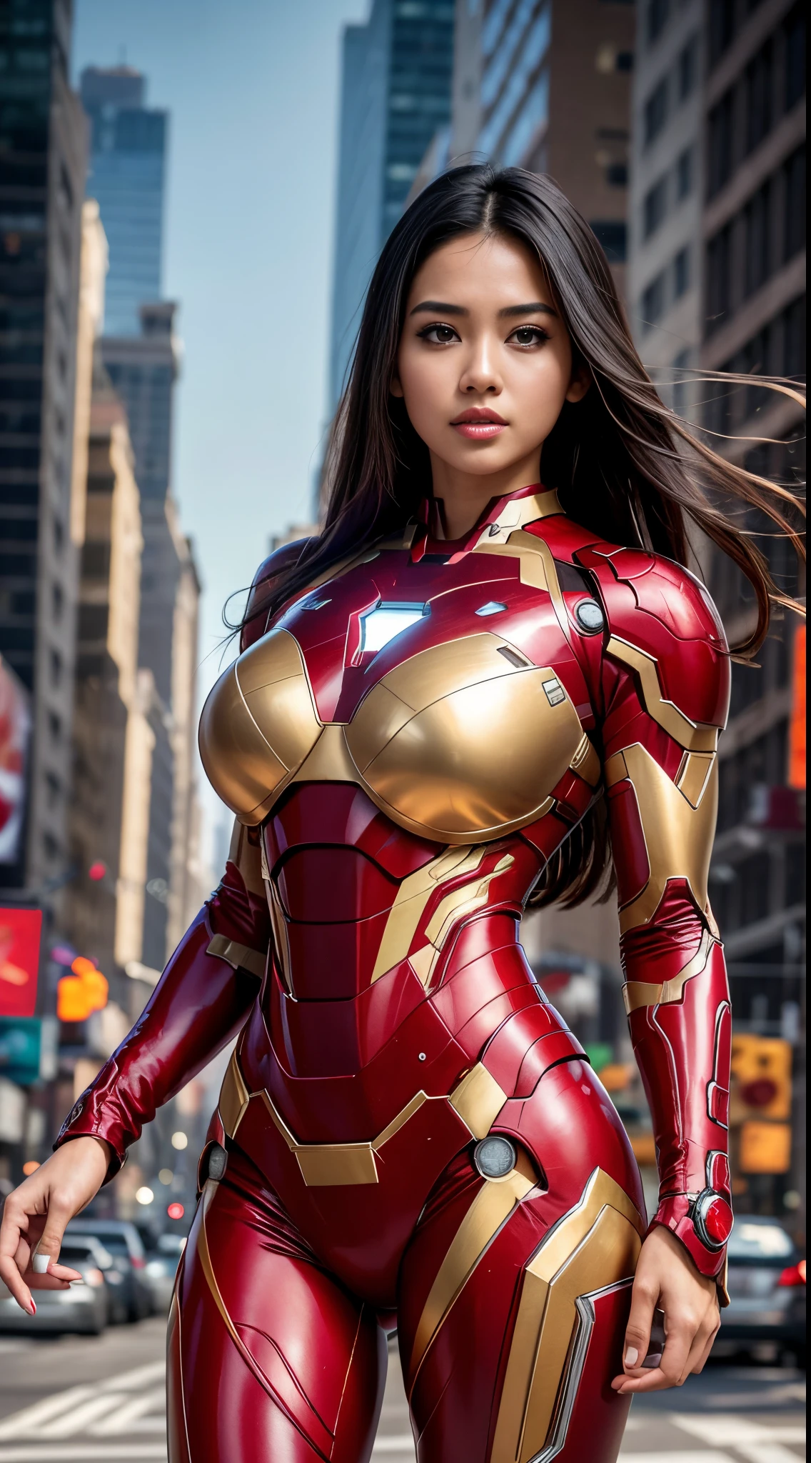 Ultra realistic 8k full_body curvy Asian woman wearing voluptuous front iron man armor with large breasts and large thighs with the Ark reactor between her breasts with opening for large breasts walking down the street