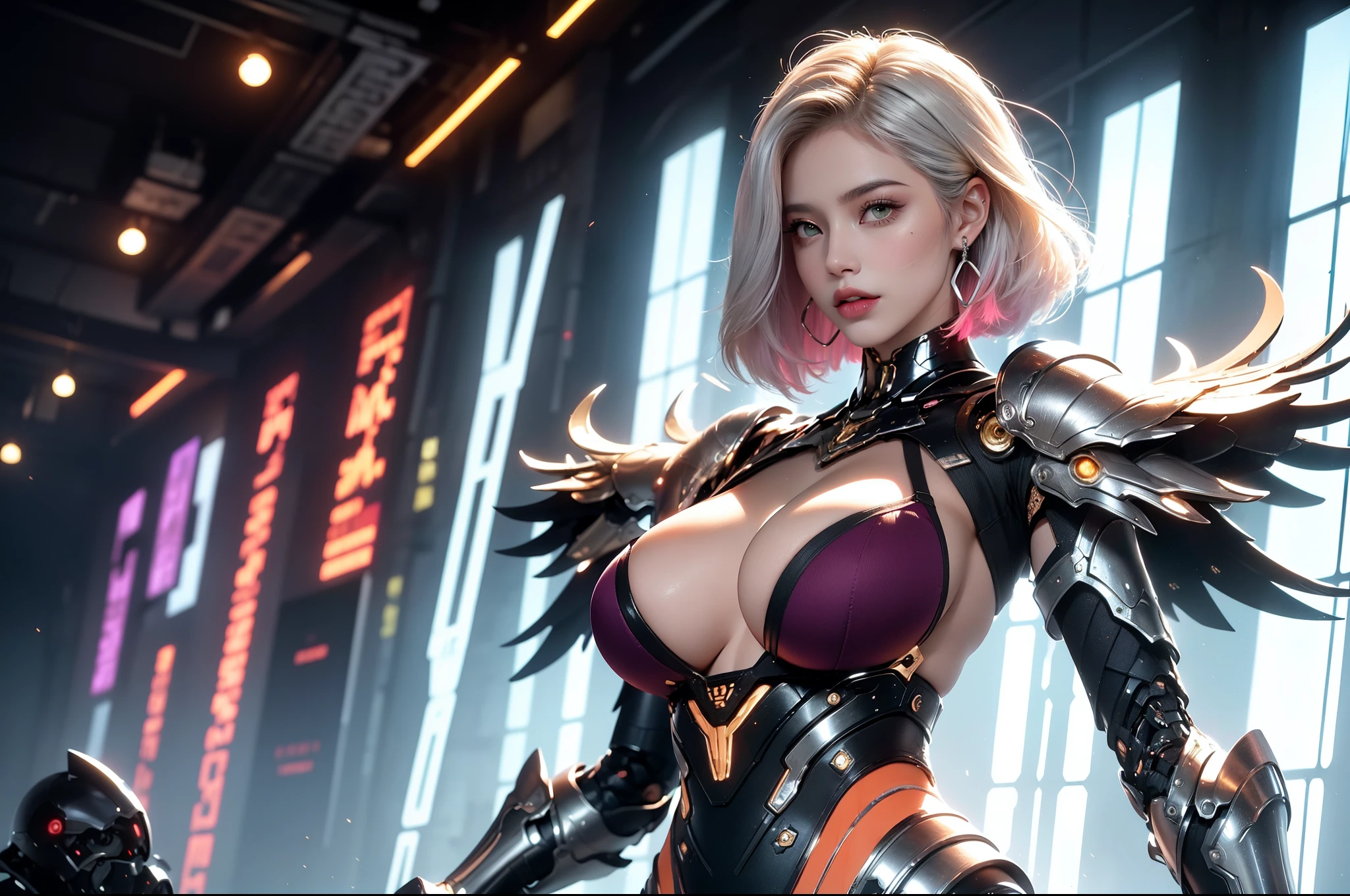 (masterpiece), best quality, expressive eyes, perfect face, beautiful details face, beautiful round eyes, full body, A beautiful mature woman in cyber armour suit shows her Extremely busty and attractive breasts, (arrogant face), (silver purple hair), (bob cut, streaked hair, expressive hair, shiny hair, glowing hair, multicolored hair, gradient hair, colored inner hair, straight hair, very short hair), fair skin, (beautiful detailed full bodysuit:1.3), (full body cyber armour), glowing and shining armour, silver and blue cyber armour, (cybernetic wings:1.2, Gigantic  mechanical wing:1.2), (Edge lights:1.3), (silver and orange colour scheme:1.3), neon light on armor, beautiful details eyes, (light green eyes:1.3), (glowing eyes:1.2), (Gigantic saggy breasts:1.3), tight breasts, thick body, (well accentuated curves), pink lips, (silver nails), mascara, Long eyelashes, eyeliners, (Extremely wide well defined hips:1.3), (beautiful massive thick thighs:1.3), slender figure, (Extremely detailed skin texture:1.2), beautiful detailed realistic muscle definition, golden lights that shimmer, high detailed eyes, ultra-high quality model, proportionate, intense colouration fantasy, (background fantasy cyber city), pink and gold tetradic colours, earrings, (1girl), solo, cowboy shot, shine, glowing